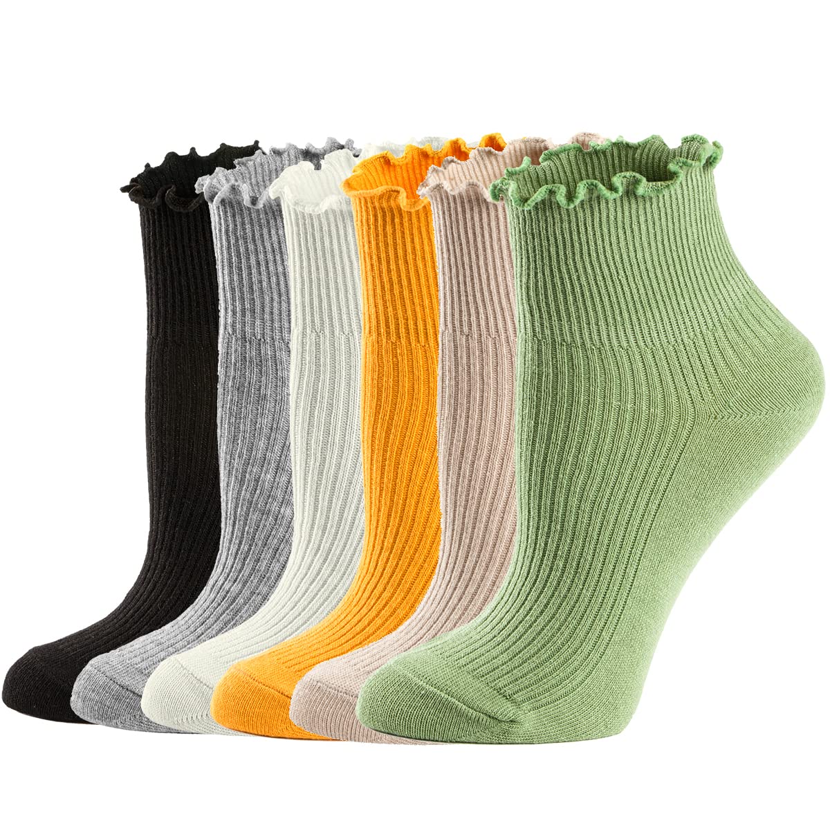 Mcool Mary Women's Ruffle Turn-Cuff Ankle Socks - 6 Pack Breathable Cotton Knit Lettuce Edge Casual Crew Socks for Everyday Wear, Work, and Fashion Outfits