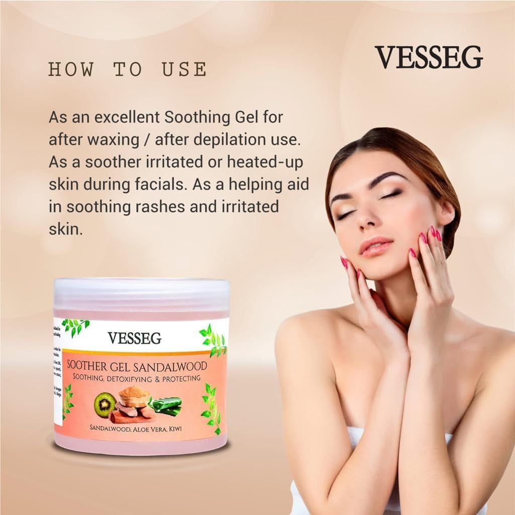 VESSEG Sandalwood Soothing Gel with Aloe Vera & Kiwi Extract - 100g Detoxifying Skin Care for Hydration, Protection & Relief - Perfect for Sunburn, Acne, and Dry Skin Treatment
