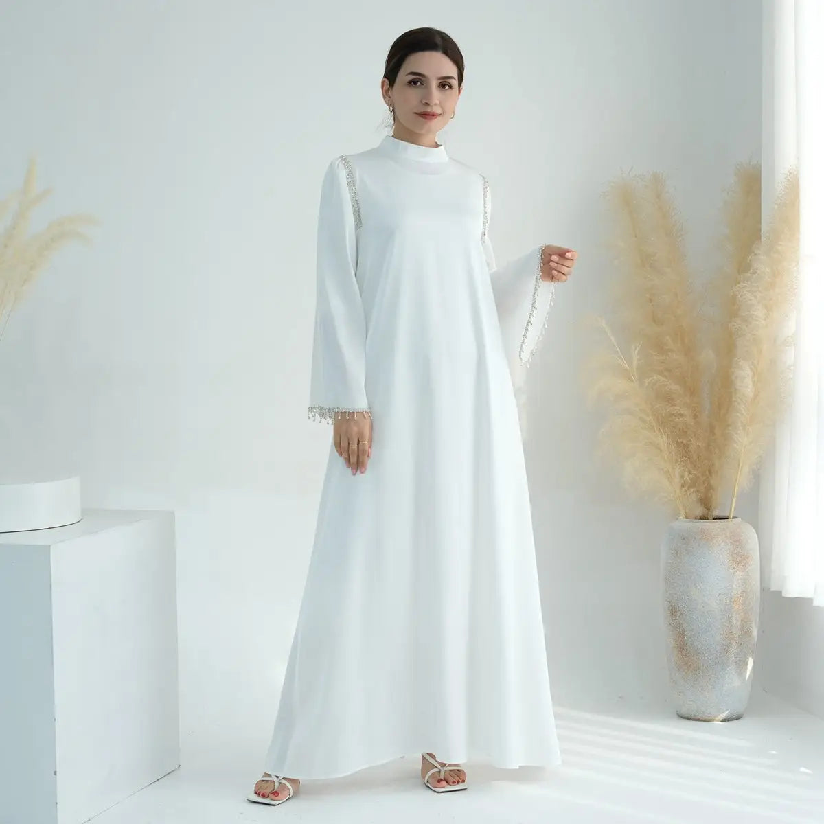 Elegant Muslim Women's Beaded Satin Abaya Dress for Prayer & Special Occasions - Modest Islamic Clothing for Women