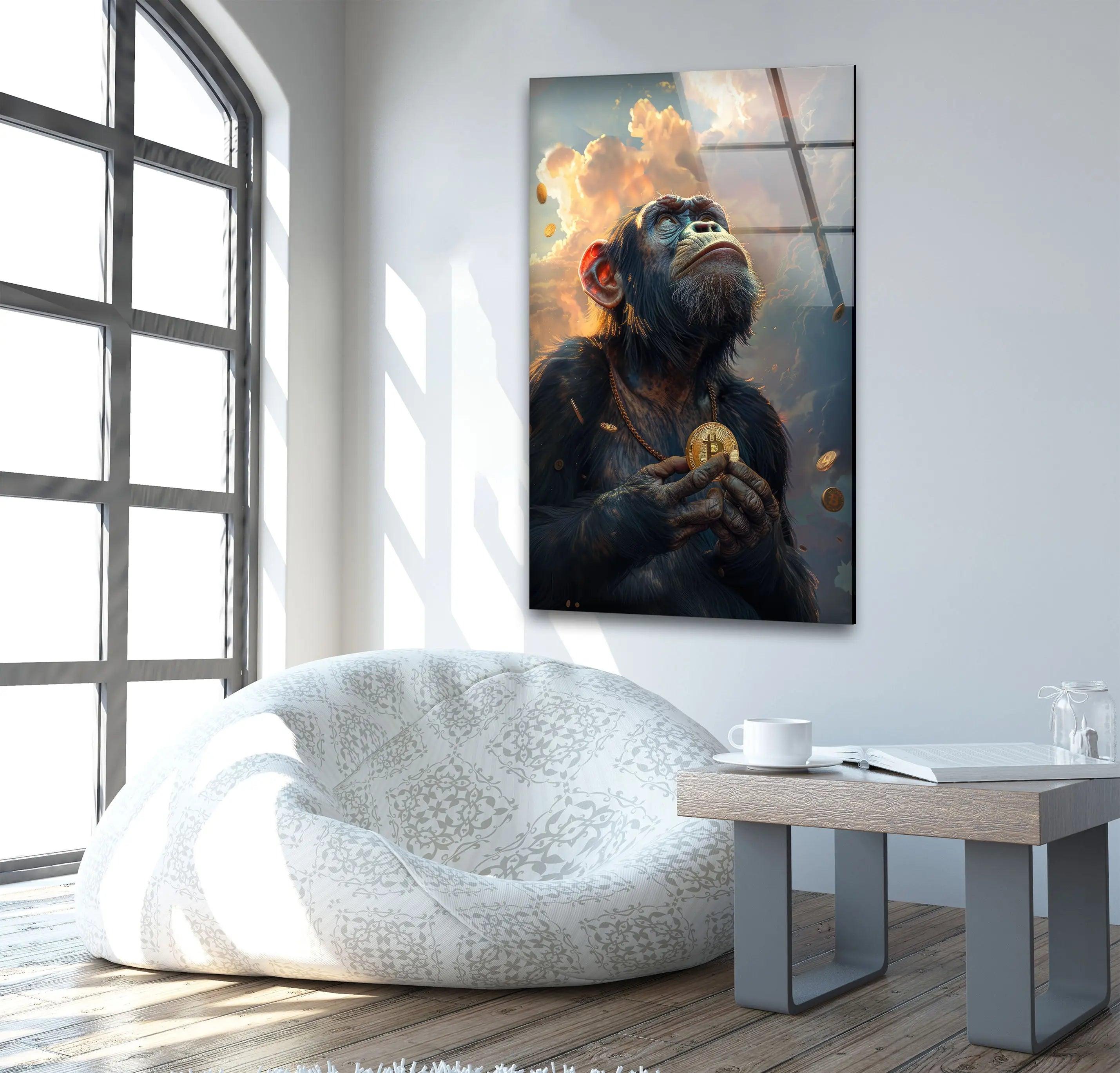 Bitcoin Monkey Glass Wall Art - Unique Crypto Decor for Home & Office - Perfect for Living Room, Bedroom, or Workspace