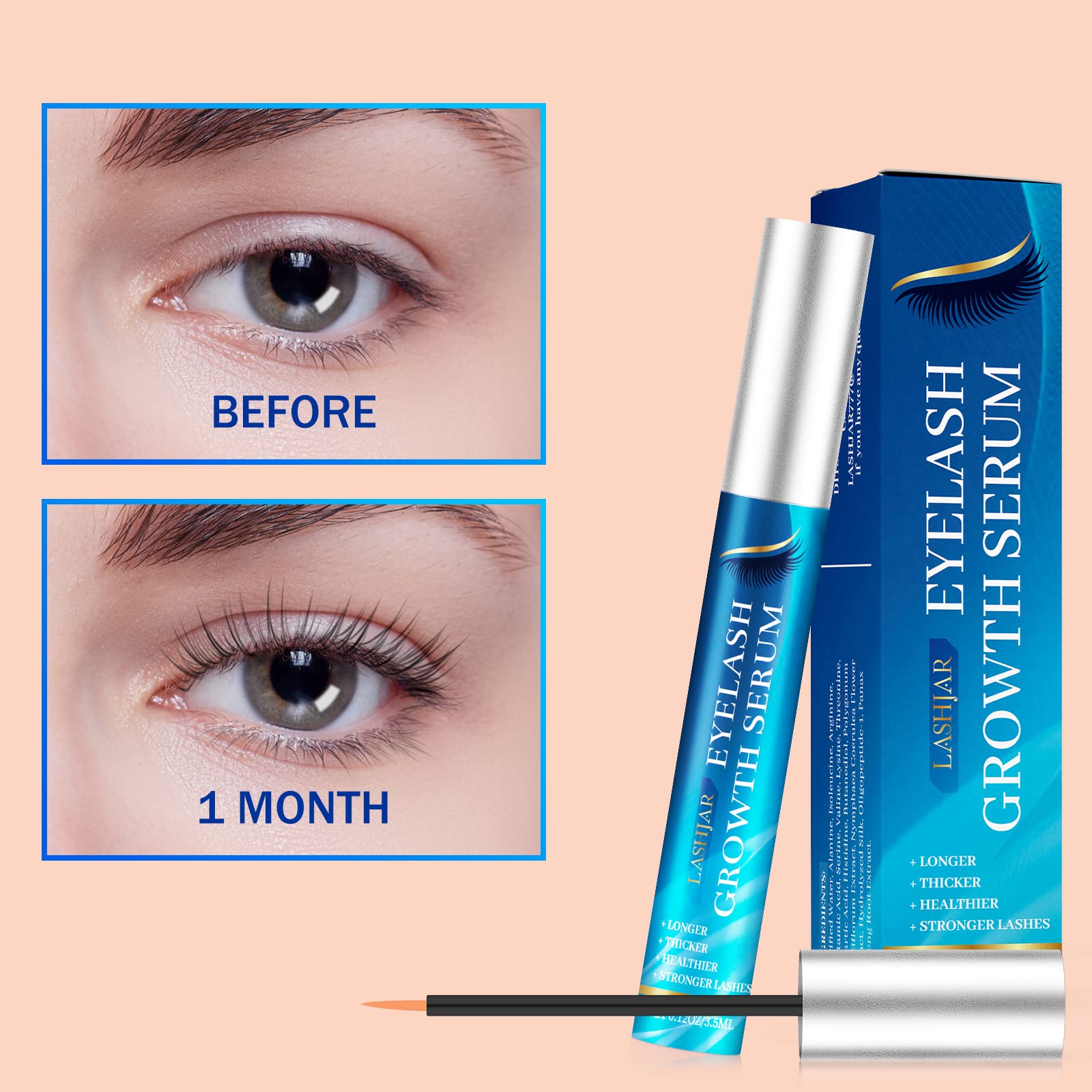 LASHJAR Premium Eyelash & Eyebrow Growth Serum - Natural Lash Boost for Longer, Fuller, Thicker Lashes & Brows - Enhance Your Look for Daily Wear & Special Occasions