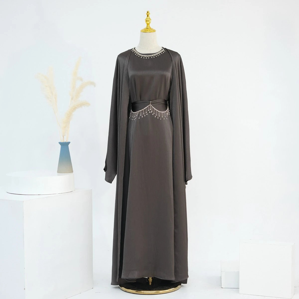 Wrinkle-Free Satin 2-Piece Open Abaya Dress Set #24806 - Elegant Muslim Prayer Dress for Women, Perfect for Special Occasions & Daily Wear