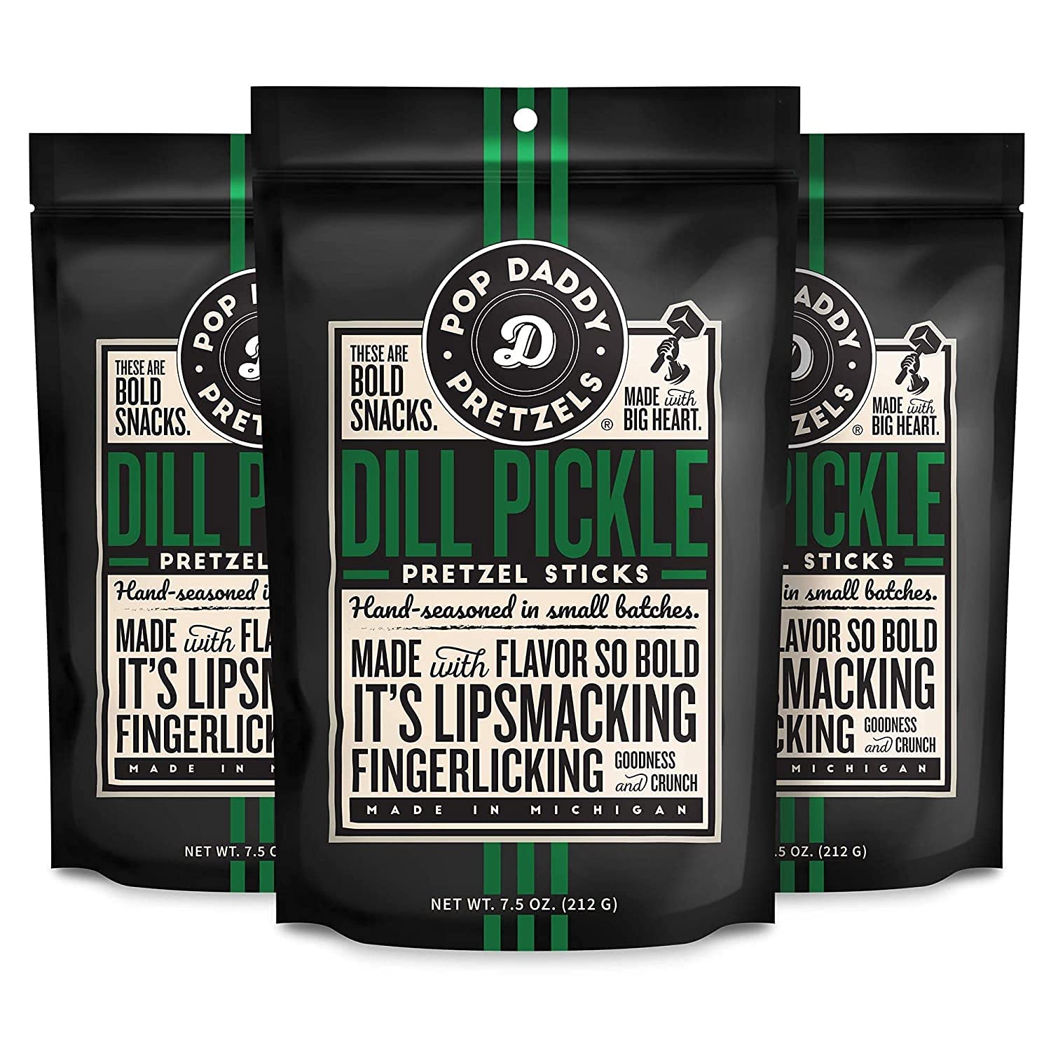 Pop Daddy Flavored Pretzel Sticks - Healthy Gourmet Snacks, 7.5oz Bags (Pack of 3) - Dill Pickle Flavor - Perfect for Office Snacking, Movie Nights & Road Trips