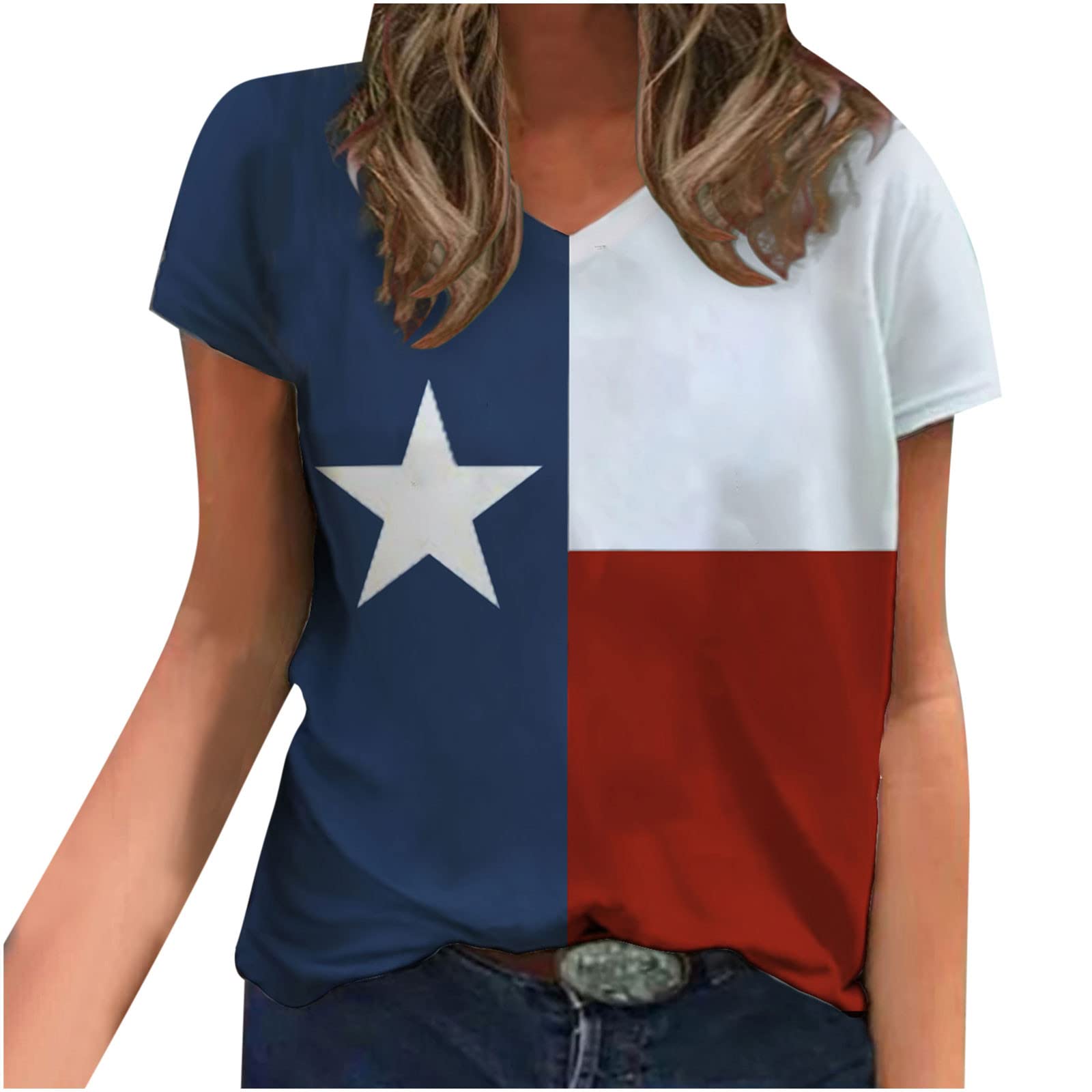 Trendy Women's 4th of July V-Neck Short Sleeve T-Shirts - Patriotic Summer Party Tops & Casual Blouses for BBQ, Fireworks & Independence Day Celebrations