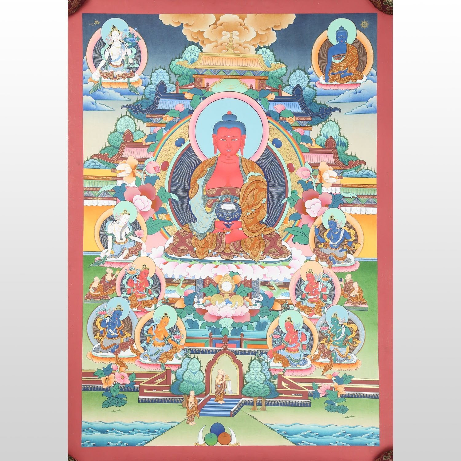 Amitabha Buddha Thangka Wall Art - Handmade Tibetan Buddhist Painting for Meditation & Home Decor - Perfect for Yoga Studios, Prayer Rooms & Spiritual Spaces
