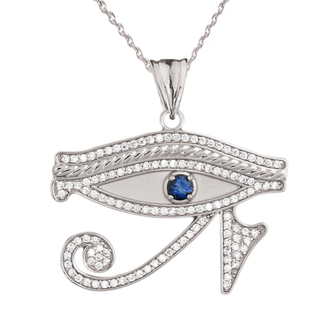 14K White Gold Diamond Egyptian Eye of Horus Necklace with Sapphire Center Stone - Elegant Jewelry Gift for Women, Perfect for Weddings, Anniversaries & Special Occasions