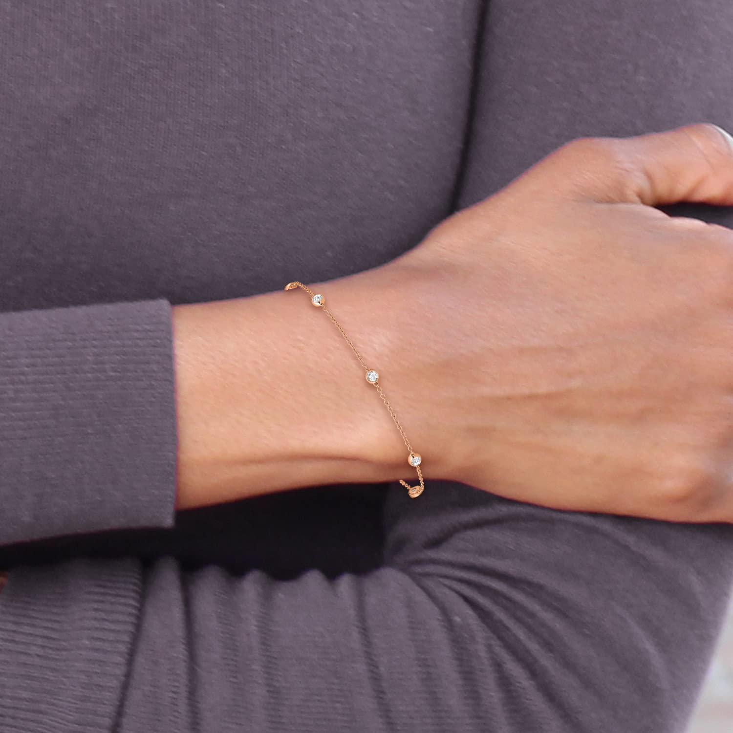 14K Solid Rose Pink Gold Lab-Grown Diamond Tennis Bracelet for Women - Elegant Seven-Station Chain Bracelet for Weddings, Anniversaries & Special Occasions