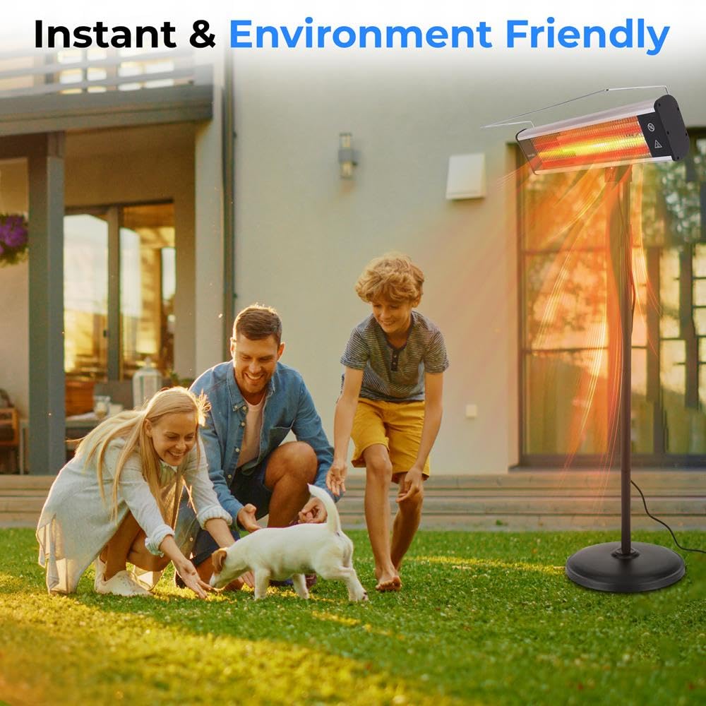 SereneLife 1500W Infrared Patio Heater with Remote Control - Indoor Outdoor Electric Heater, Portable Standing Heater with 360° Tip-Over Safety & IP65 Rating - Perfect for Restaurants, Patios, Backyards, Garages, Decks, and Outdoor Gatherings