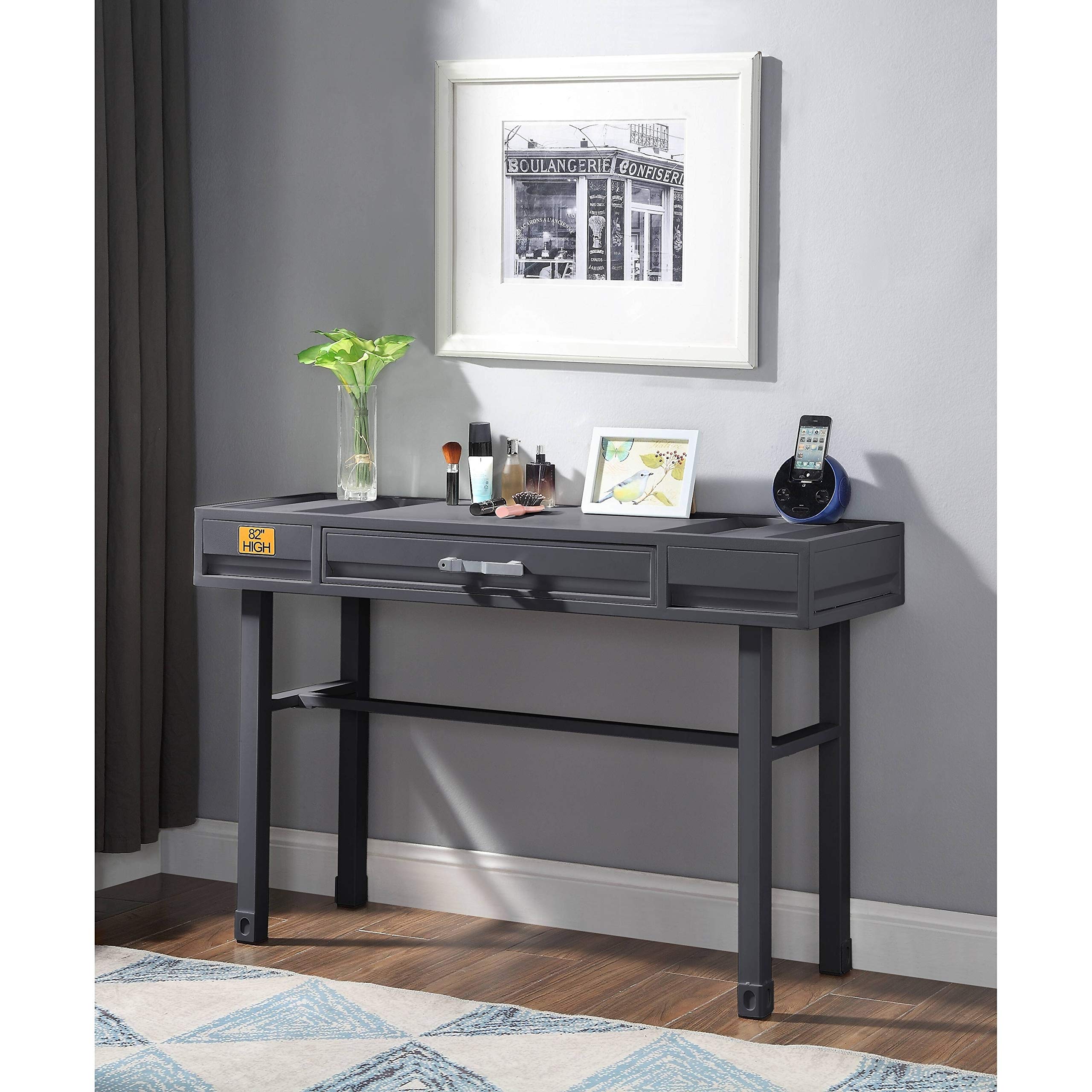 Industrial Gunmetal Cargo Vanity Desk with Storage - Perfect for Home Office, Bedroom, or Dorm Room Organization