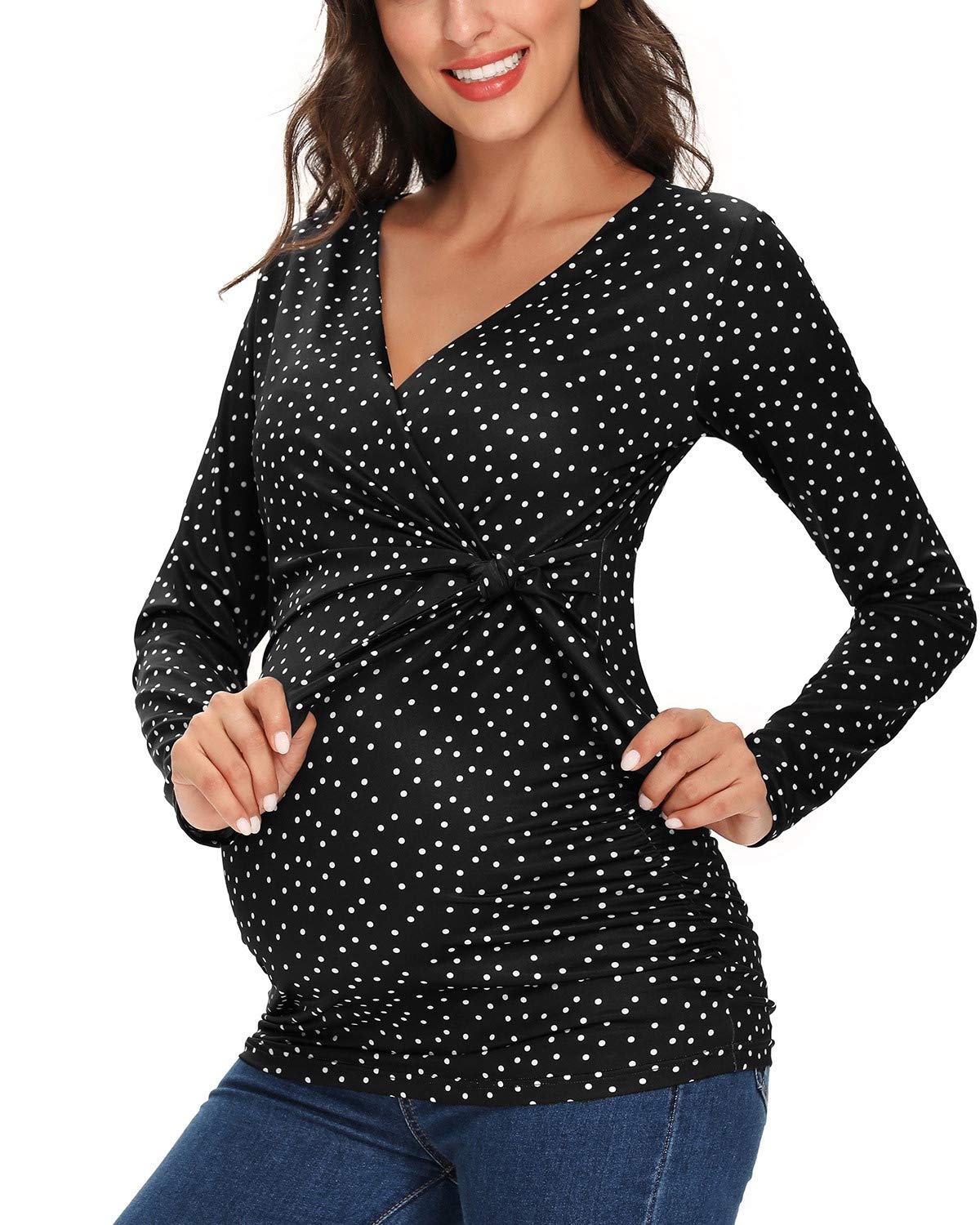 Glampunch Women's Maternity Shirts - Short & Long Sleeve Tie Front Wrap Tops for Pregnancy - Perfect for Work, Casual Wear & Maternity Photos
