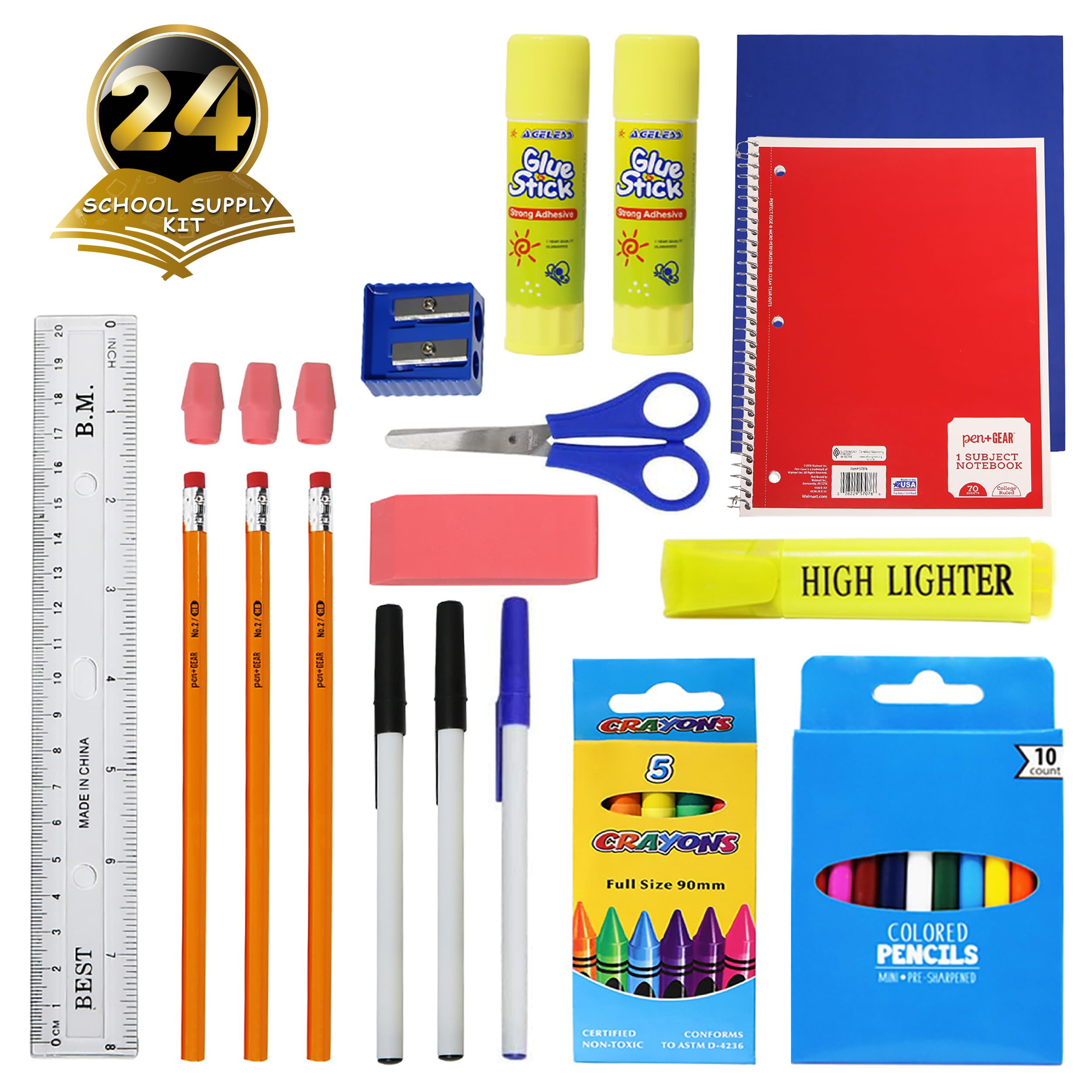 34-Piece Bulk School Supplies Kit - Includes Pens, Pencils, Crayons & More - 24-Pack Value Set for Elementary, Middle & High School Students - Perfect for Classroom, Homeschooling & Back-to-School Essentials