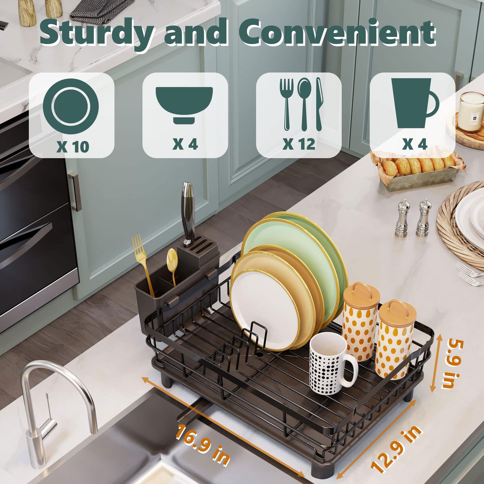 Stainless Steel Dish Drying Rack with Drainboard - Expandable Kitchen Counter Organizer with Utensil Holder & Knife Slots - Perfect for Small Spaces, Apartments, and RV Kitchens - Black