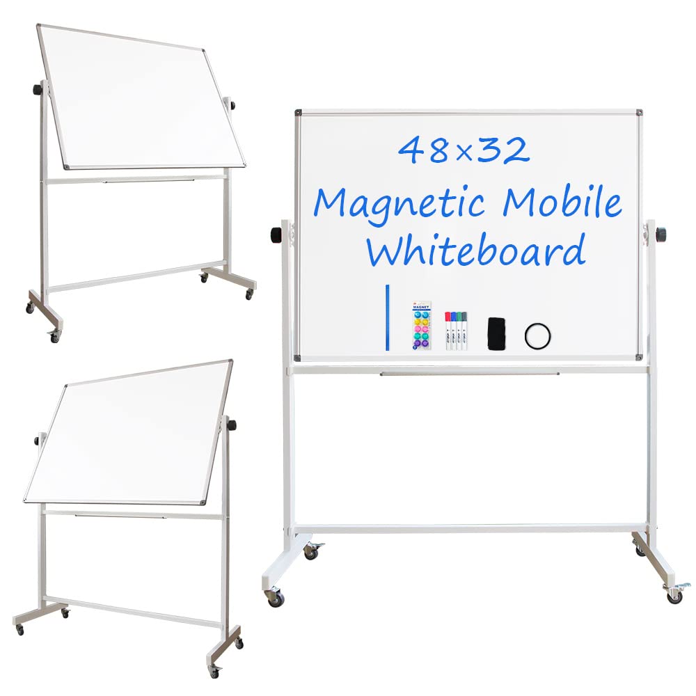 Double Sided Magnetic Mobile Whiteboard 48x32 Inches - Rolling Stand Dry Erase Board with Wheels - Portable Standing Whiteboard Easel Includes 4 Markers, Eraser, 10 Magnets & Ruler - Perfect for Office, Classroom & Home Use