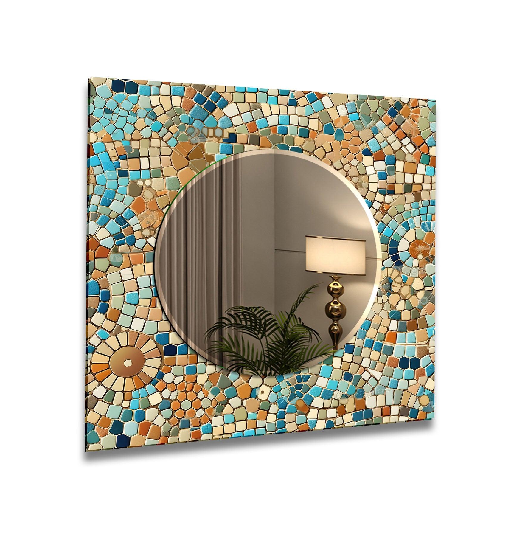 Beige and Blue Mosaic Wall Mirror - Handmade Decorative Bathroom Vanity Mirror - Perfect for Bedroom, Living Room & Entryway Décor