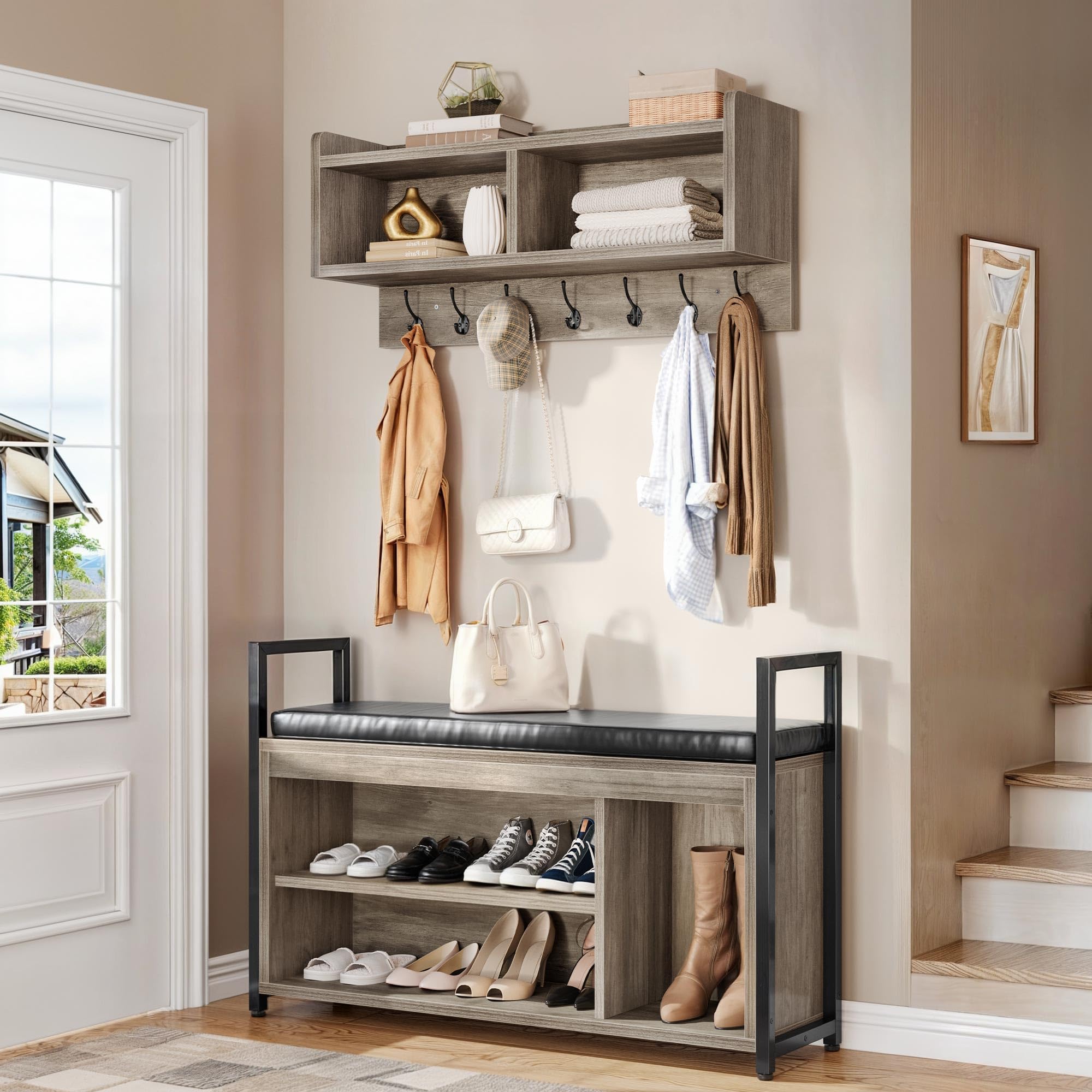 YITAHOME Industrial Hall Tree with Bench - Wall Mount Coat Rack & Shoe Storage Organizer for Entryway, Hallway - Grey | Space-Saving Entryway Solution for Small Homes & Apartments