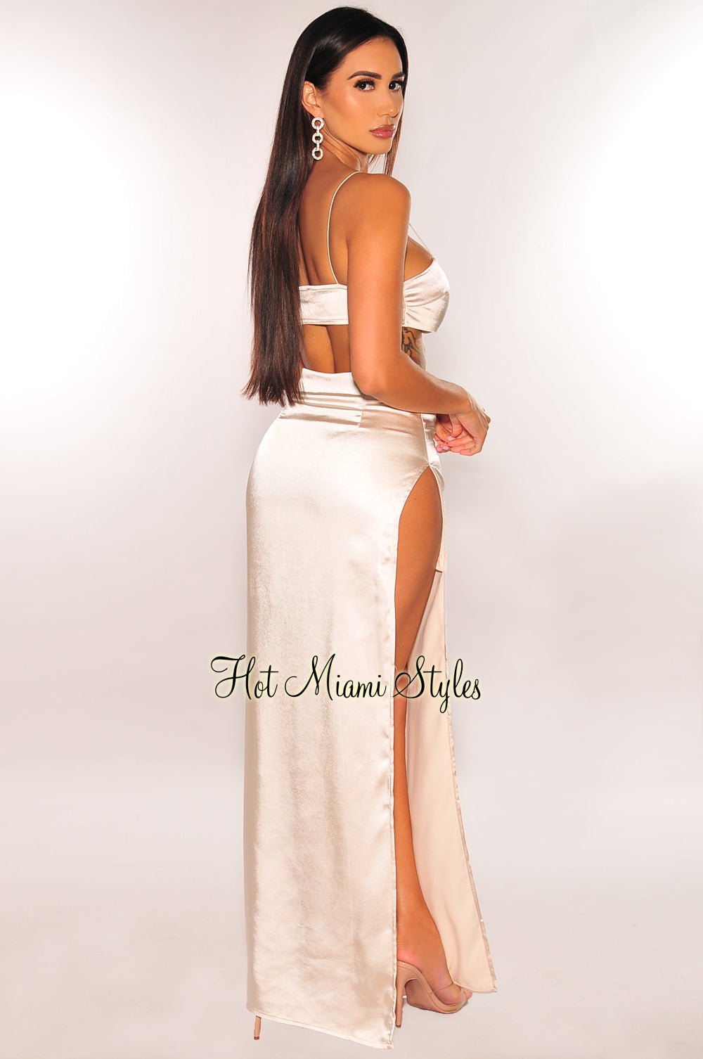 Champagne Elastic Satin Straps Silky Slit Skirt Two Piece Set - Elegant Women's Party Outfit for Evening Events & Date Nights