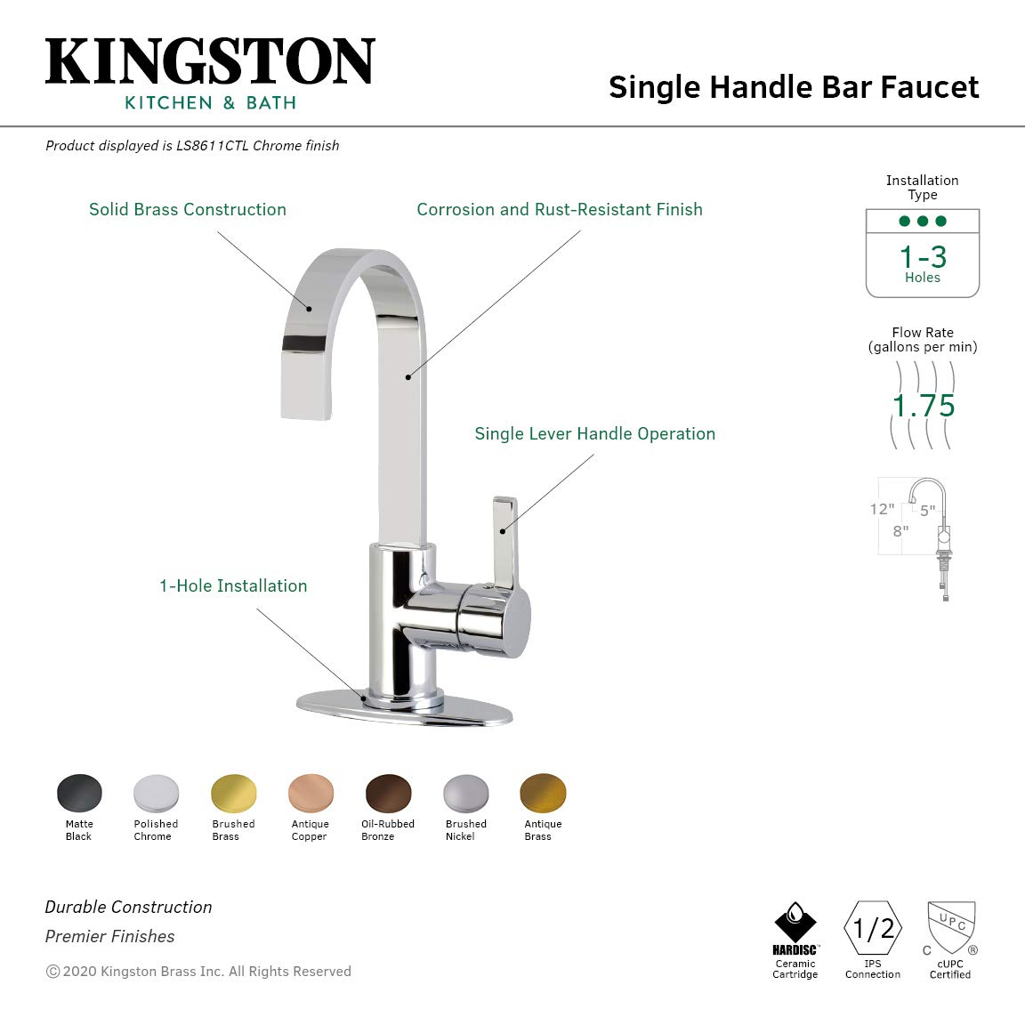 Kingston Brass LS8615CTL Continental Bar Faucet - Oil Rubbed Bronze Finish, 5-7/8