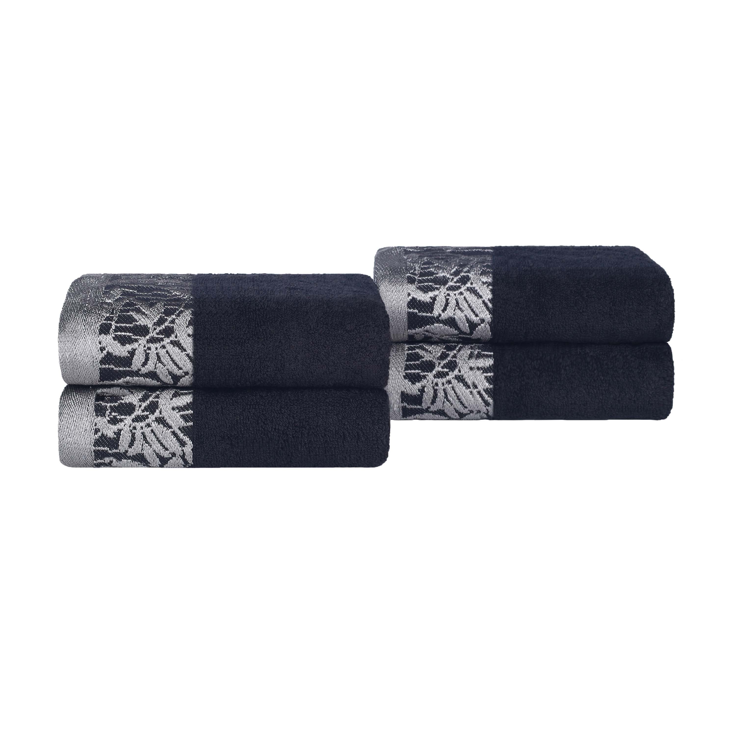 Premium Wisteria Cotton Floral Embroidered Jacquard Border Hand Towels - Set of 4 | Soft Absorbent Bathroom & Kitchen Towels for Guest Bath, Powder Room, and Luxury Home Decor