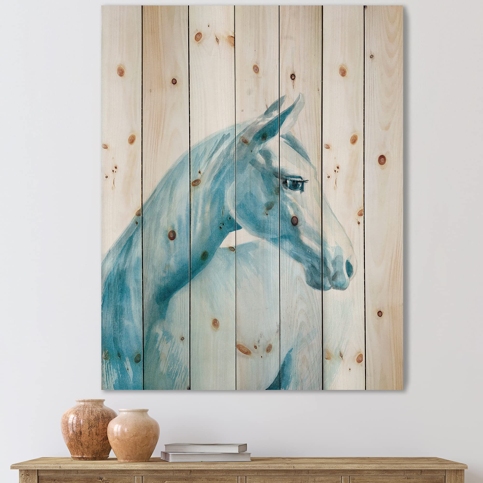 DesignQ Light Blue Horse Farmhouse Wall Decor - Hand-Painted Wood Wall Art, Large Animal Print on Natural Pine Wood - Perfect for Living Room, Bedroom & Country Home Decor