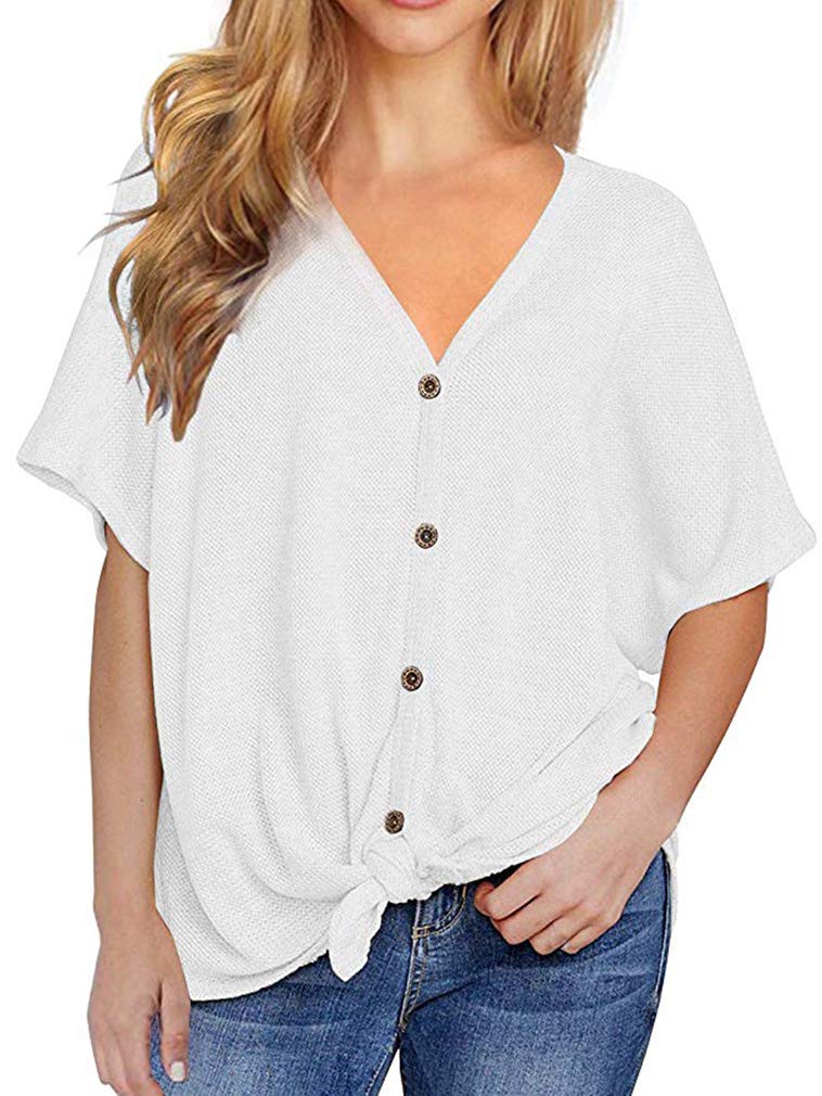 Fronage Women's V-Neck Long Sleeve Casual Shirt - Soft Waffle Knit Loose Blouse Tops for Everyday Wear, Work & Fall Outfits