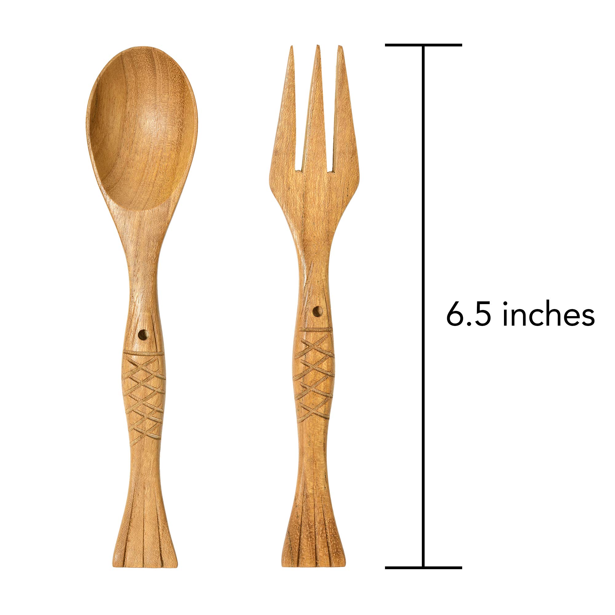 AeraVida Stylish Teak Wood Spoon and Fork Set - Handcrafted Fish Carved Cutlery for Lunch Box, Picnics, Camping & Travel | Eco-Friendly Wooden Utensils | Durable & Lightweight Dining Set