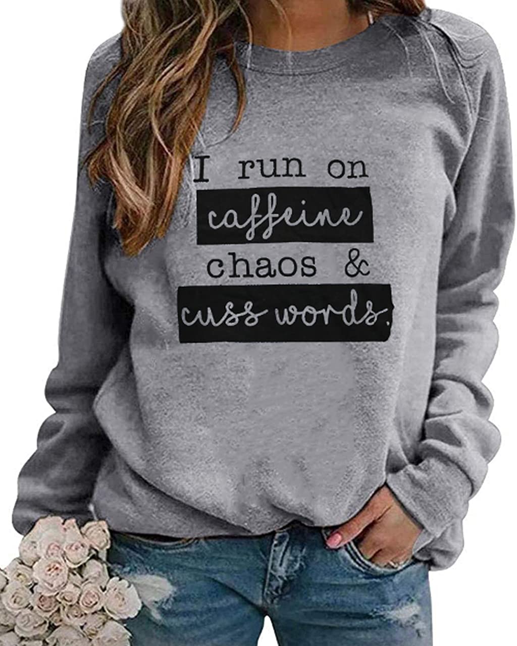 I Run On Coffee Chaos Cuss Words Sweatshirt - Funny Coffee Lover Long Sleeve Pullover for Women, Mom Gift - Perfect for Casual Wear, Coffee Dates & Relaxing at Home