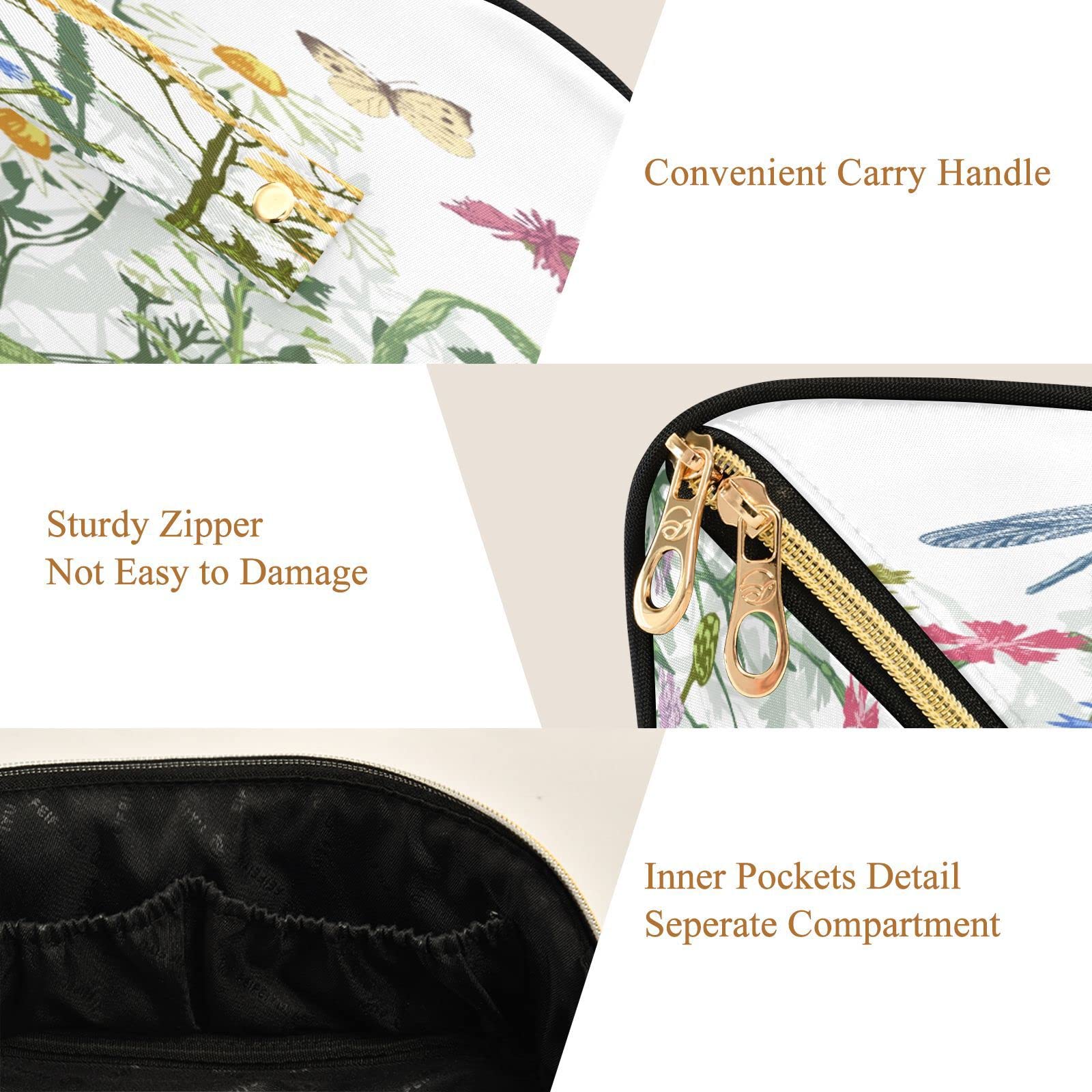 Rhombus Cosmetic Bag - Large Capacity Travel Makeup Organizer with Handle for Women | Floral Butterfly Dragonfly Design | Portable Toiletry Storage for Travel, Gym & Daily Use
