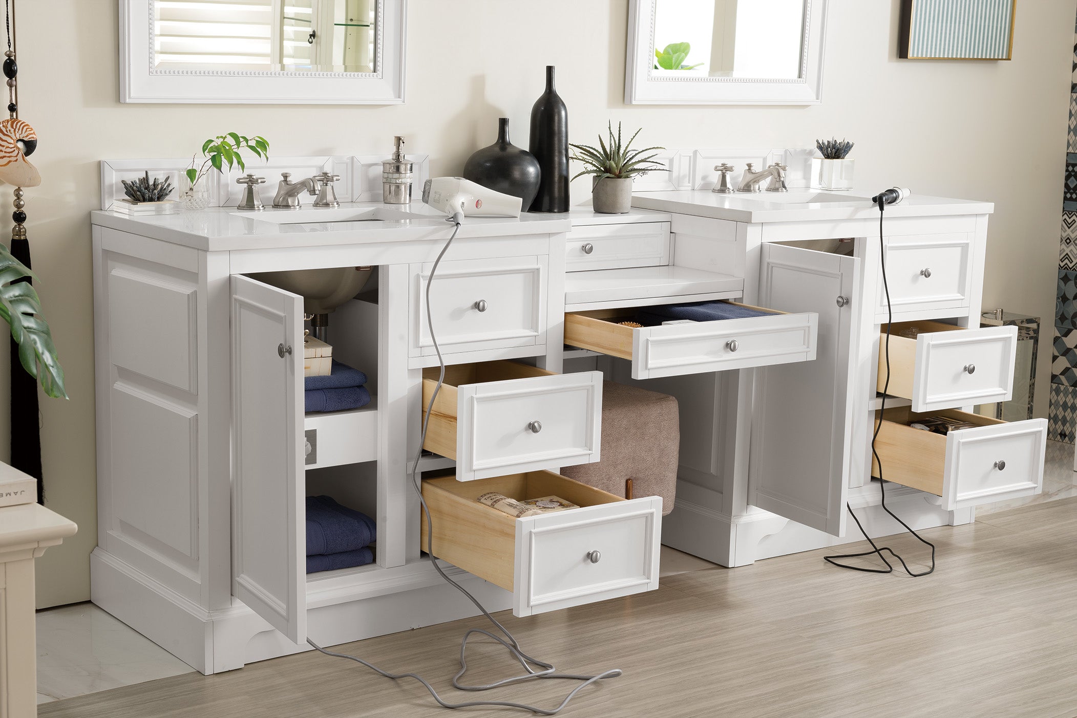 De Soto 94 Double Vanity Set with Makeup Table - Bright White Finish & 3CM White Zeus Quartz Top | Perfect for Bedroom, Bathroom & Dressing Room Organization