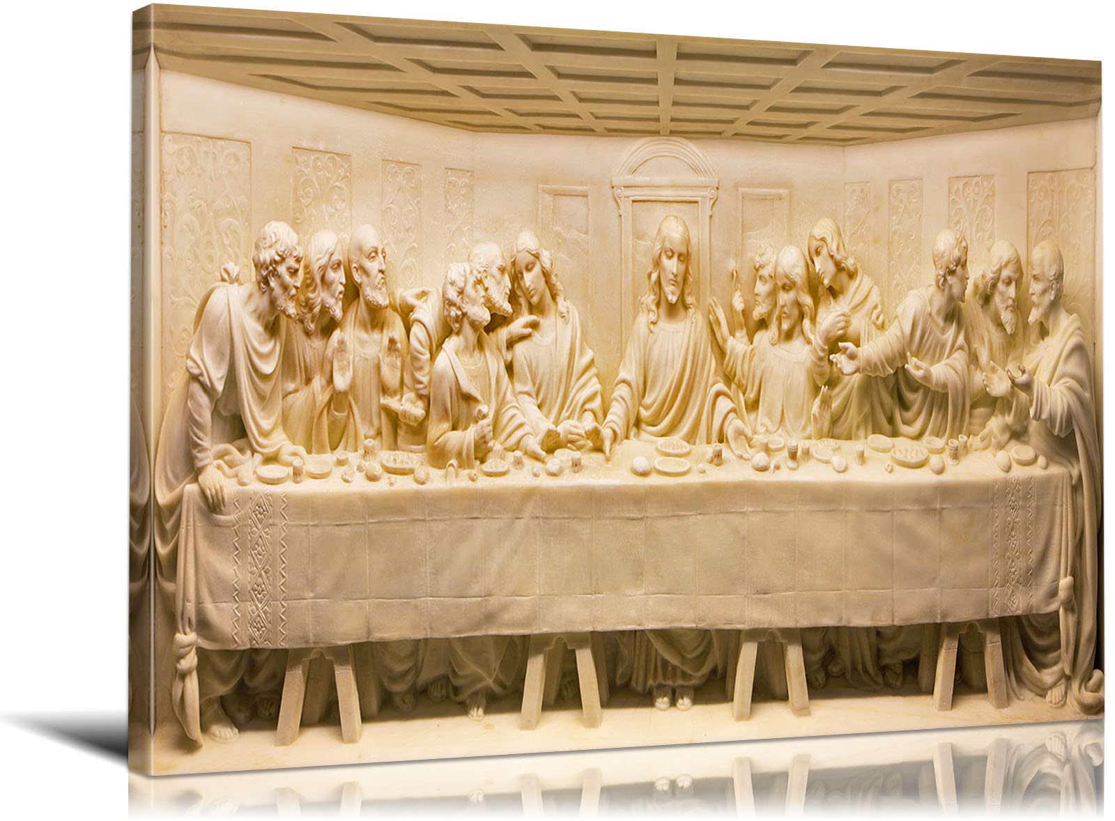 Modern Jesus Painting - The Last Supper Carved Stone Canvas Wall Art - Christian Religious Decor Framed Ready to Hang - Perfect for Dining Room, Church & Home Decor (28x40 Inches)