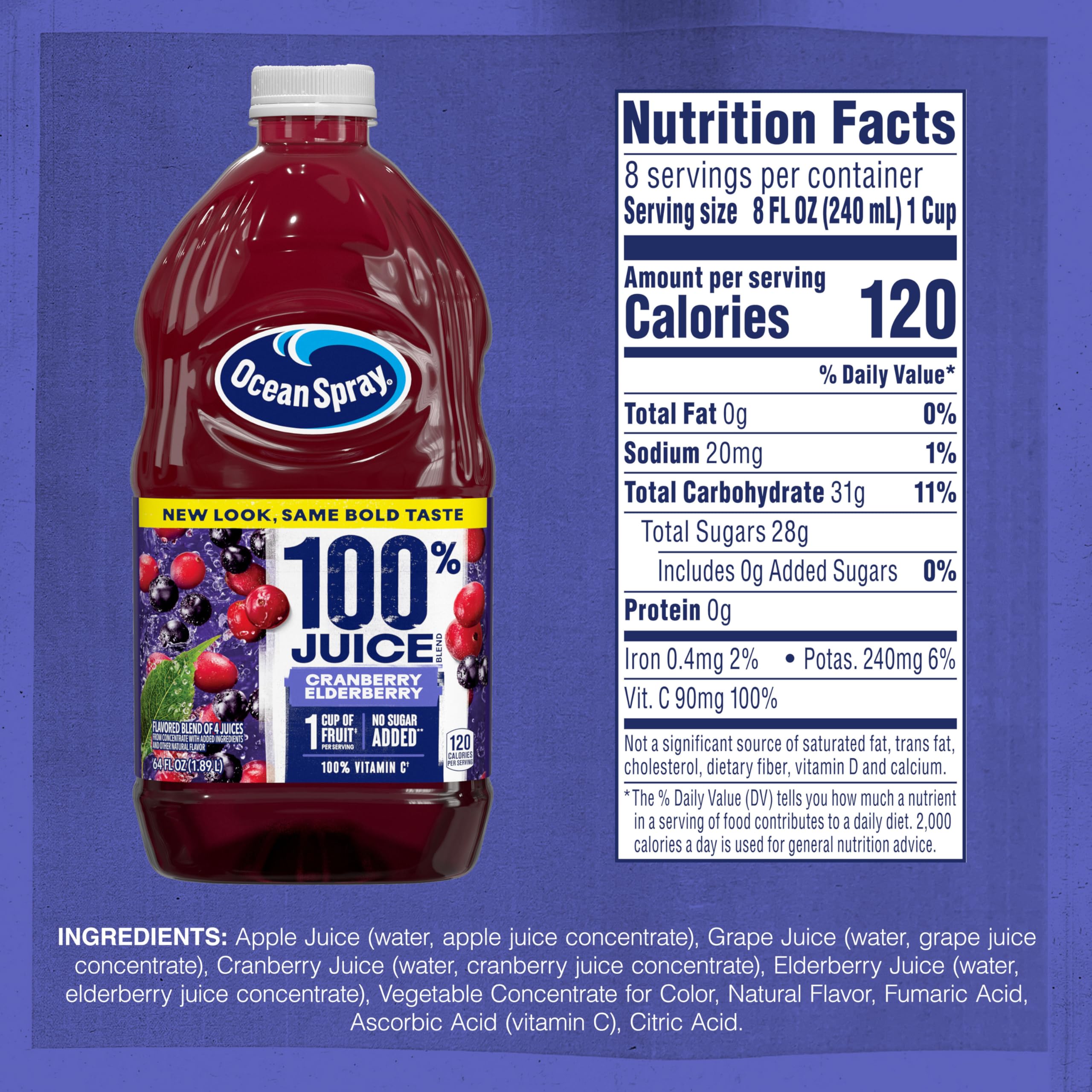 Ocean Spray® 100% Pure Cranberry Elderberry Juice Blend - 64 Fl Oz (1.89L) Bottle - Antioxidant Rich, Immune Support, Vitamin C - Perfect for Smoothies, Cocktails & Healthy Morning Drinks