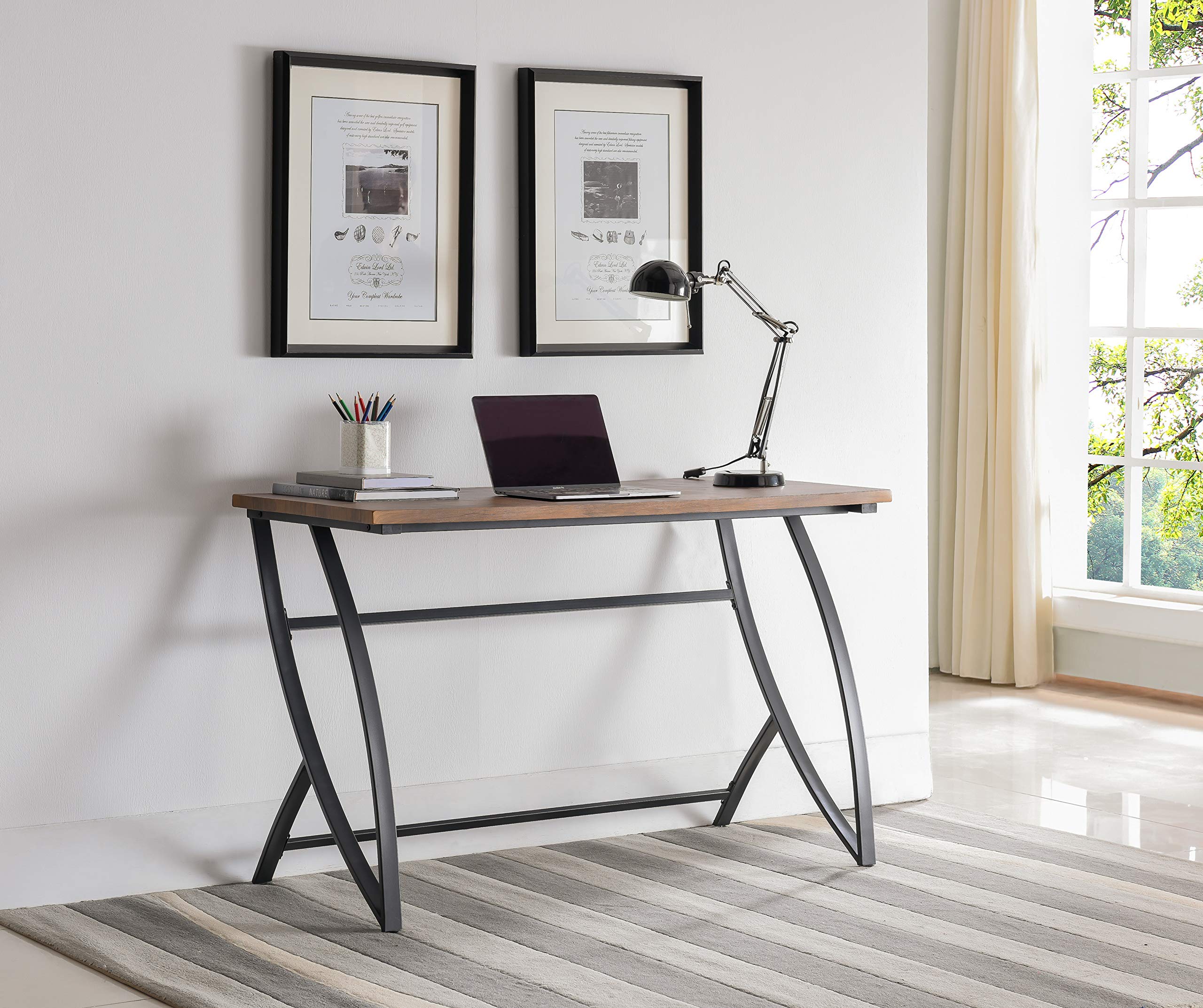 Kings Brand Furniture - Haughton Writing Desk with Black Metal Frame & Walnut Wood Top - Perfect for Home Office, Study, Dorm Room, and Small Spaces