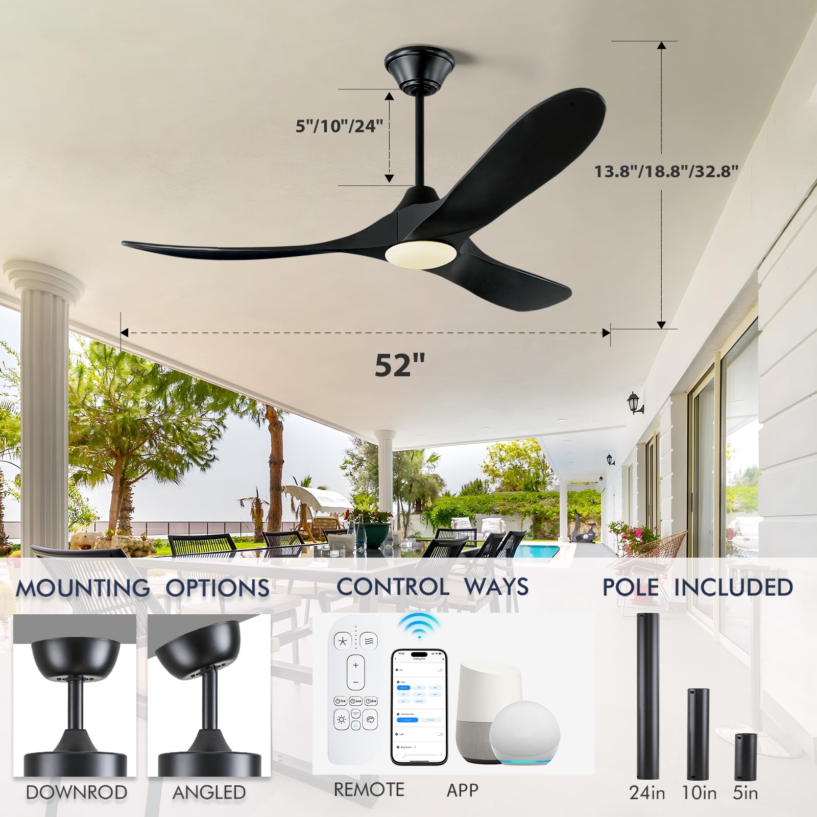 52 Inch Black Smart Ceiling Fan with LED Lights - Outdoor/Indoor Modern Wood Blades Fan - Quiet Reversible DC Motor - Alexa/App/Remote Control - Perfect for Patio, Living Room, Bedroom & Covered Porch