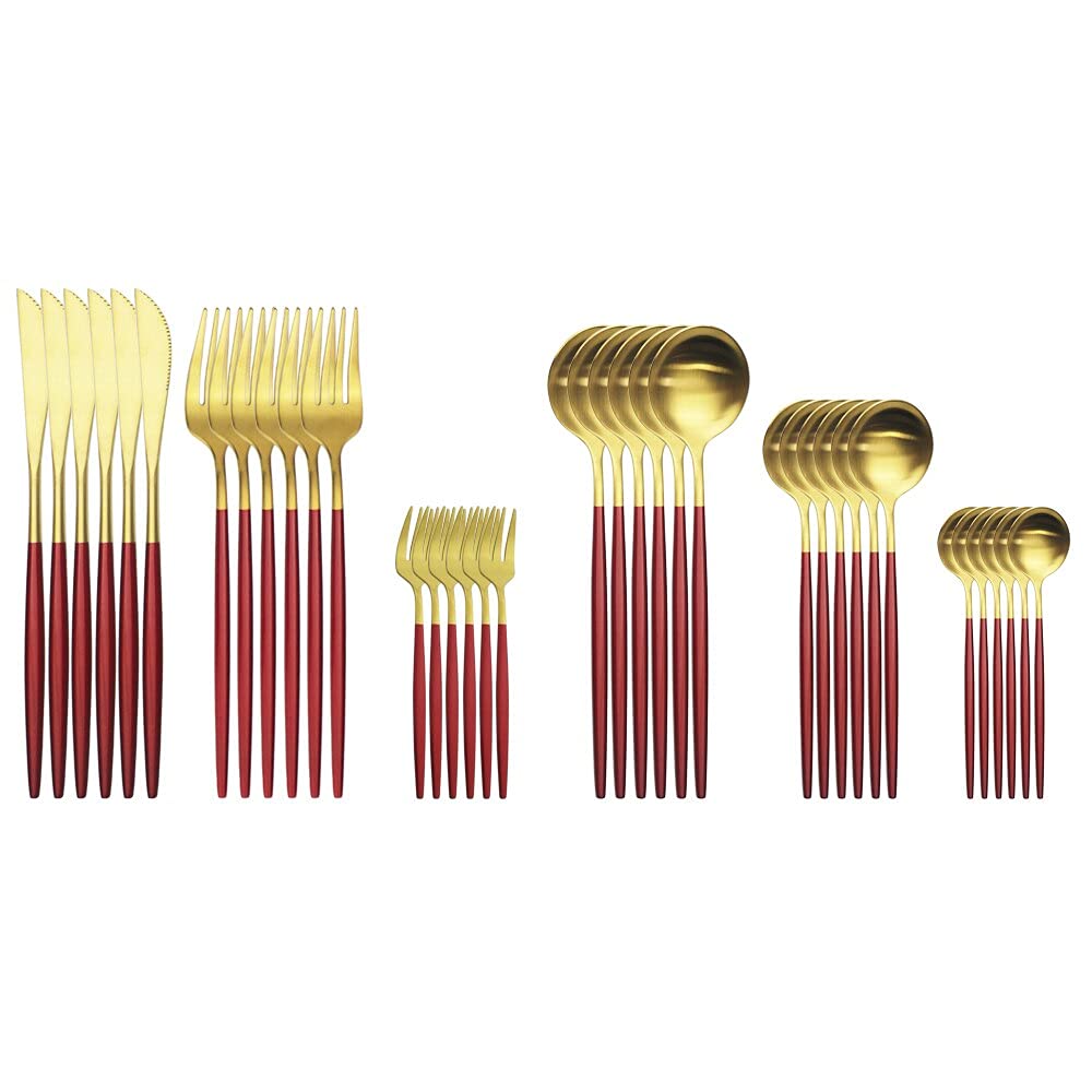 36-Piece Stainless Steel Silverware Set - Matte Dinner Forks, Knives & Spoons - Complete Cutlery Set with Teaspoons - Red Gold Finish - BY ZZYY - Perfect for Dining, Parties, Restaurants & Home Use