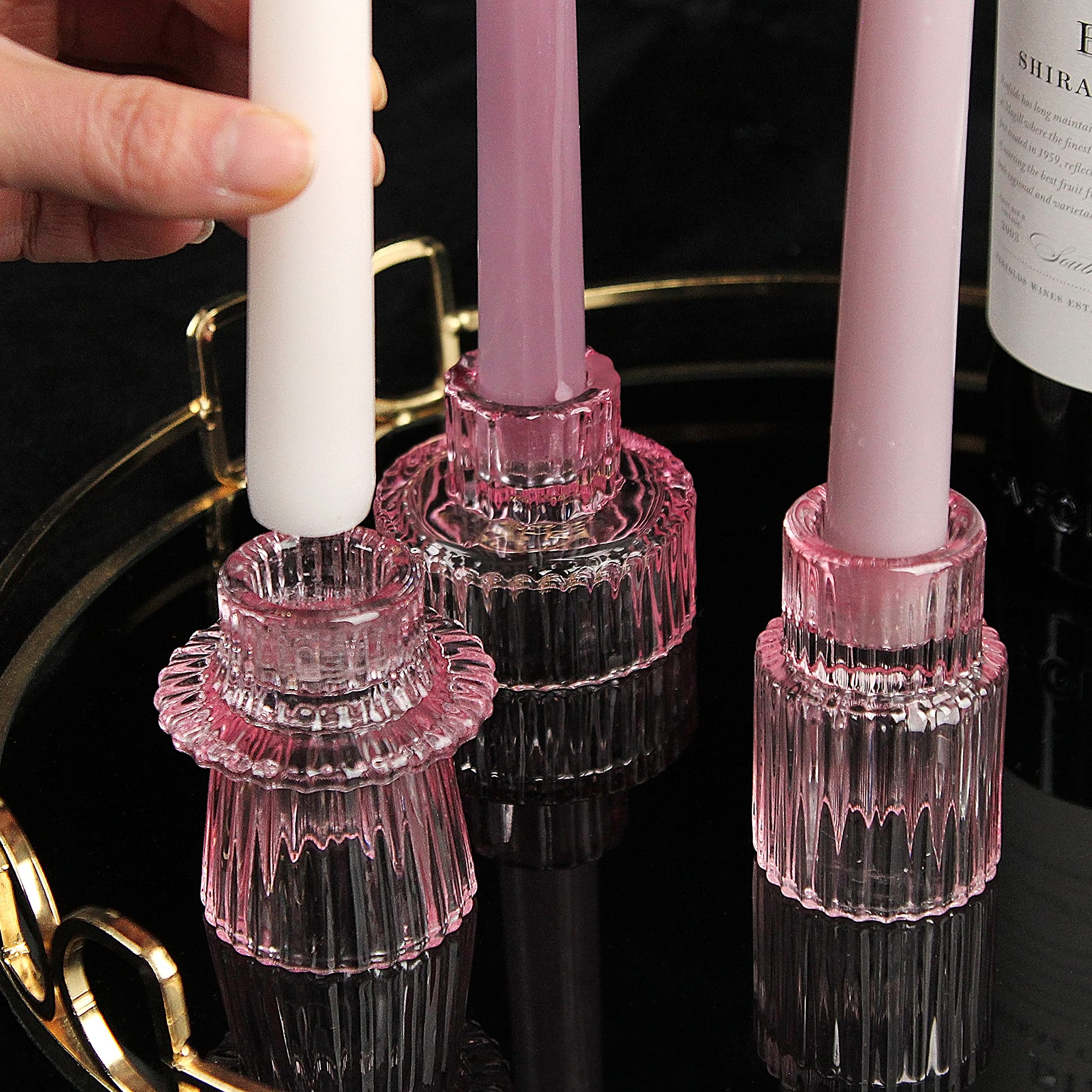 Vixdonos Set of 18 Pink Glass Candle Holders - Taper, Pillar & Tealight Candle Holders (3PCS x 6) for Wedding, Party, Home Decor & Romantic Ambiance