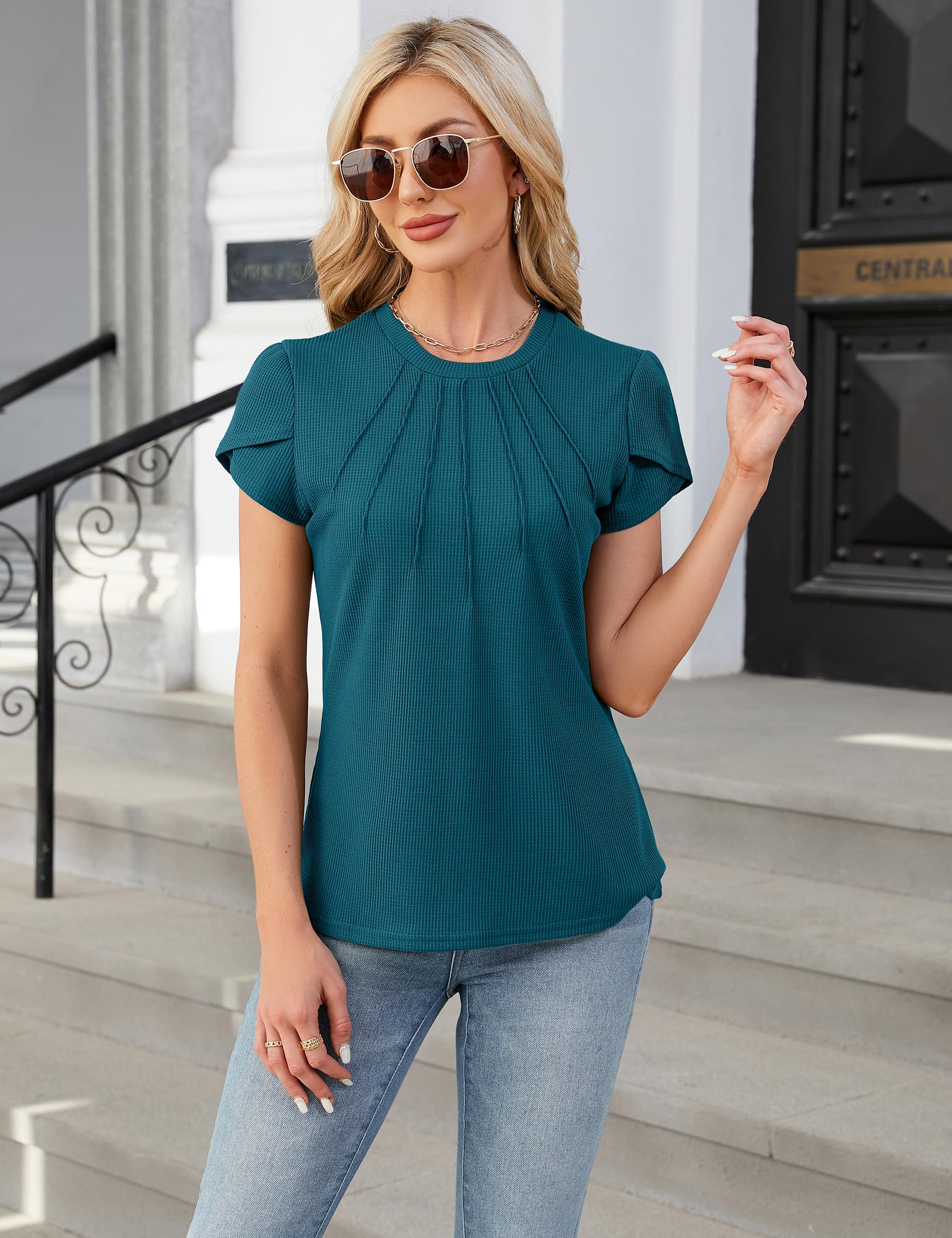 Blooming Jelly Women's Short Sleeve Crew Neck Waffle Knit T-Shirt - Casual & Dressy Business Work Tops for Summer | Perfect for Office Wear, Weekend Outings & Smart Casual Occasions