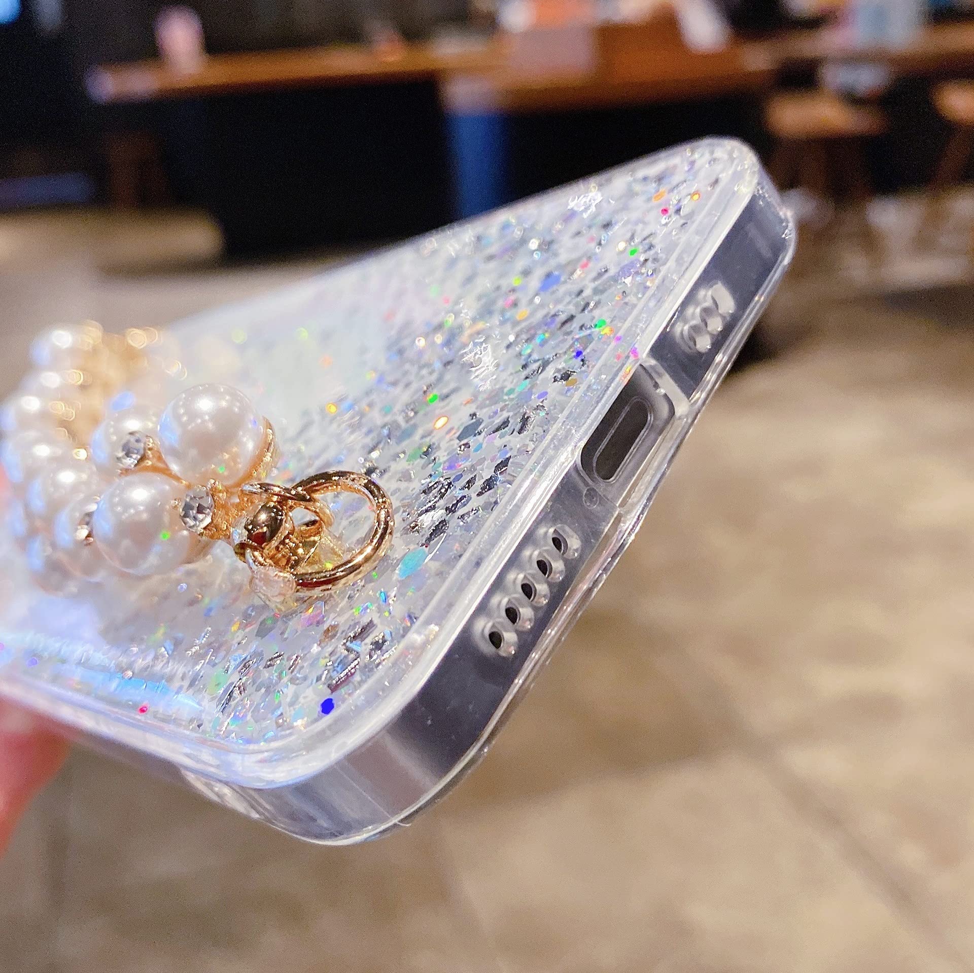 Sparkly Glitter iPhone 13 Pro Max Case with Pearls & Chain Strap - Clear Bling TPU Shockproof Phone Cover for Women & Girls | Perfect for Parties, Daily Use & Fashion Accessories