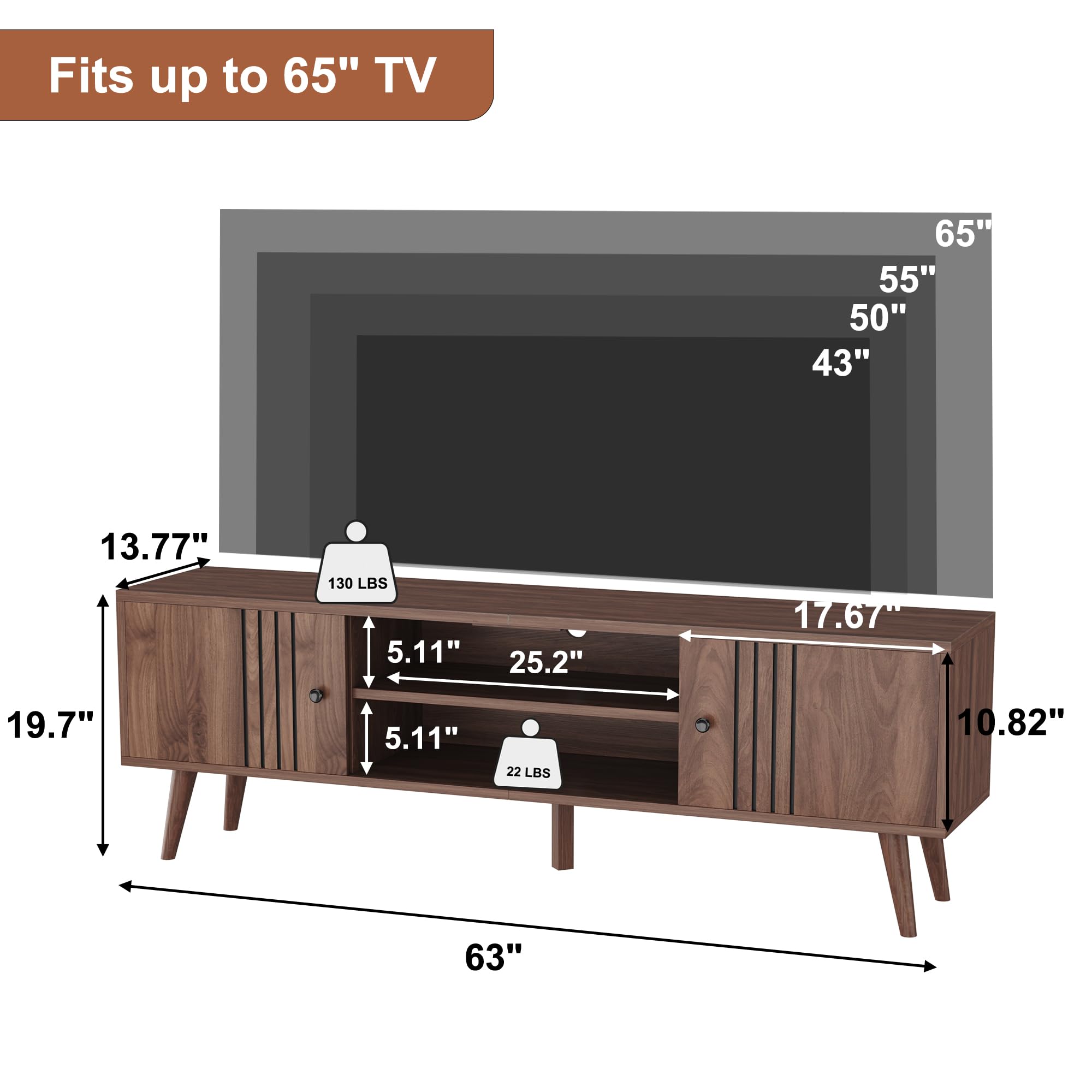 Mid-Century Modern TV Stand for 65/60/55 Inch TVs - Walnut Entertainment Center with Sliding Doors & Storage - Media Console Table for Living Room & Bedroom - Perfect for Home Theater Setup & Stylish Home Decor