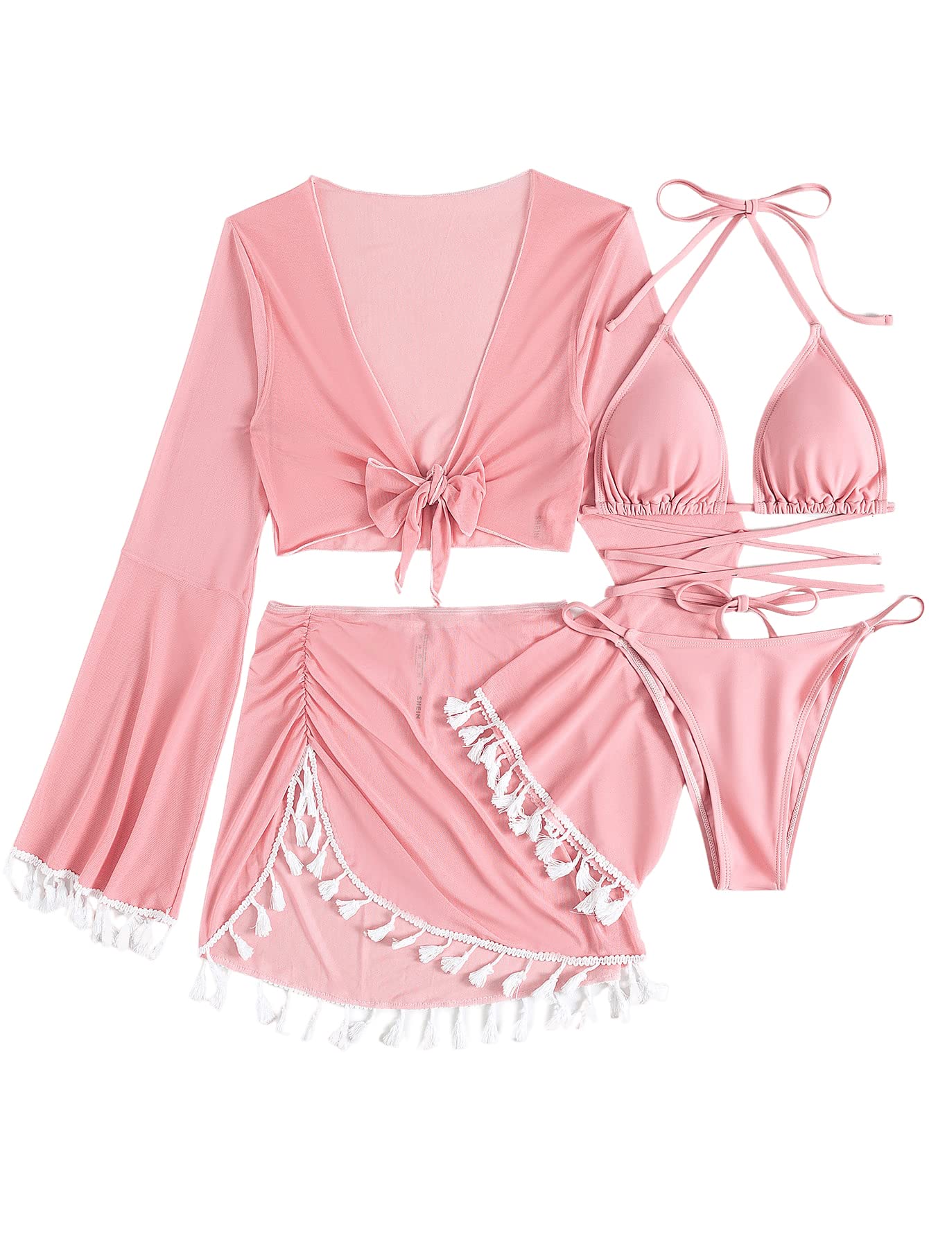 SweatyRocks Women's 4 Piece Swimsuit Set - Lace Up Halter Micro Bikini with Tassel & Cover Up | Sexy Beachwear for Pool Party, Vacation & Summer Outfits