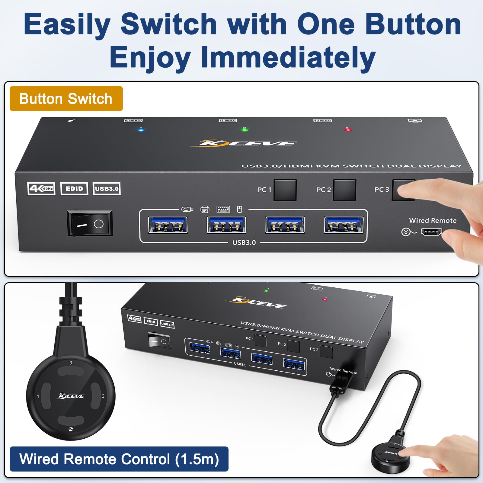4K@60Hz HDMI KVM Switch for 3 Computers to 2 Monitors - Dual Monitor Sharing with Keyboard, Mouse & Printer - Includes Wired Remote & 5 Cables - Perfect for Home Office, Gaming Setup & Multi-PC Workstations