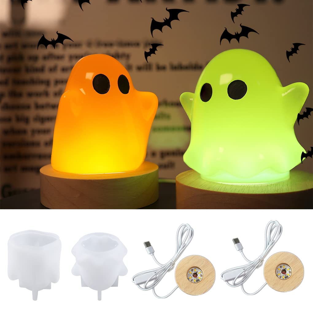 FineInno 2-Piece Halloween Ghost Resin Molds Set - LED Night Light Epoxy Casting Silicone Molds with Wooden Base for DIY Home Decor, Party & Holiday Decoration - Perfect for Halloween, Christmas & Gift Giving