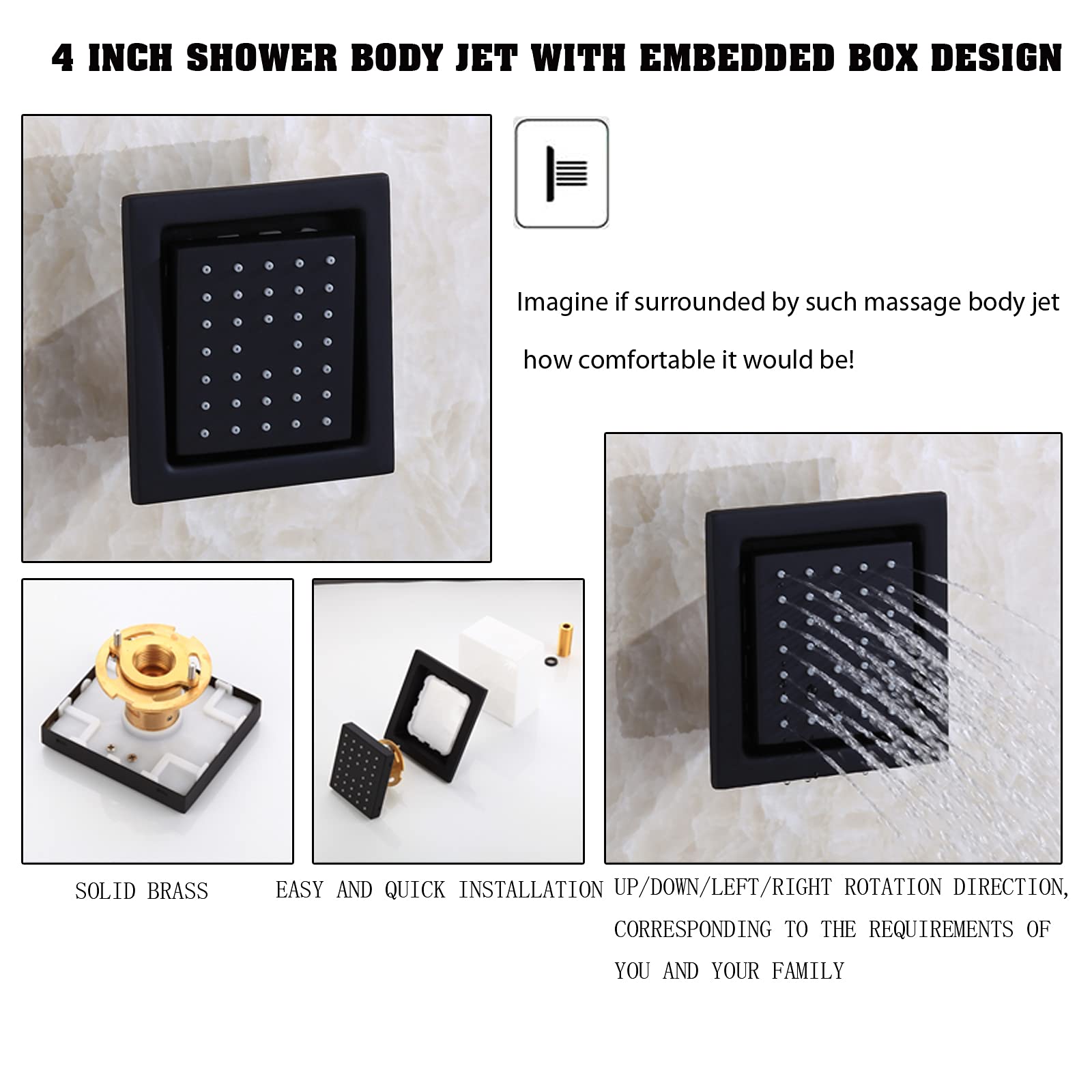 Matte Black Shower Body Sprayer Jets - Concealed Installation Spa Massage Shower Head with 1/2