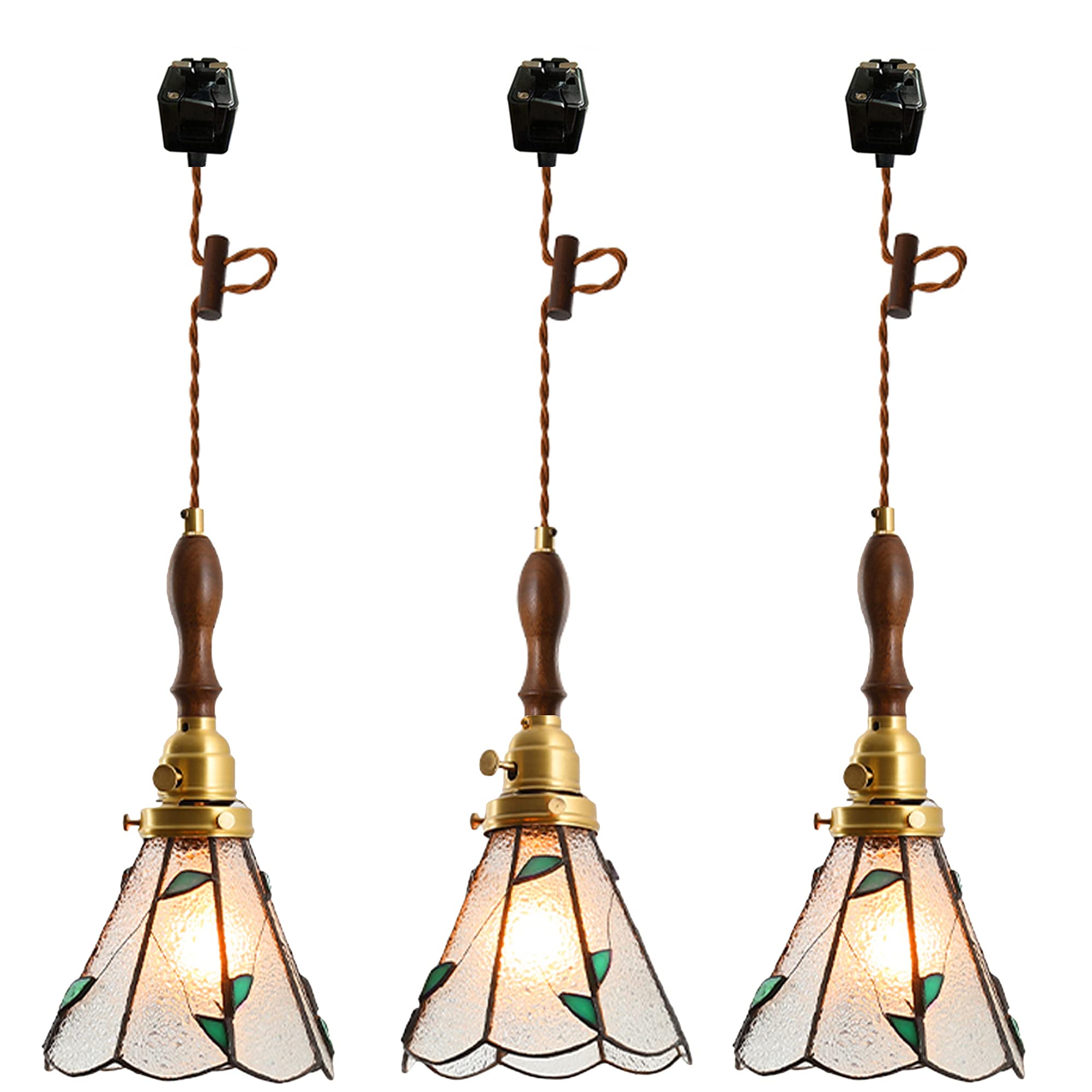 Dimmable Tiffany Clear Glass Pendant Light - J-Type Track Mounted Vintage Brass Finish with 3.2 ft Cord & E26 Socket - Perfect for Farmhouse Kitchen Island, Dining Room, or Cafe Lighting - Customizable Modern Lighting Fixture