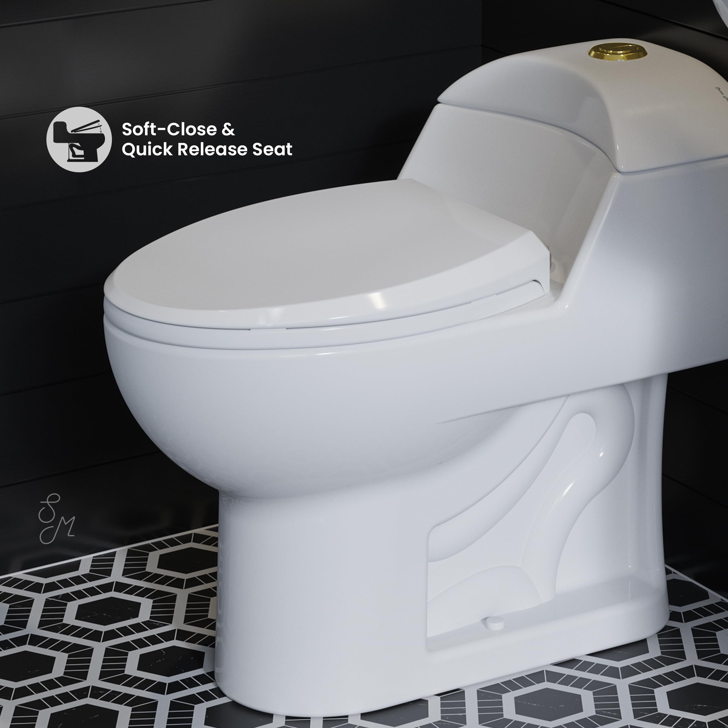 Luxury Chateau One Piece Elongated Toilet with Dual Flush System (1.1/1.6 GPF) & Brushed Gold Hardware - Modern Water-Saving Bathroom Upgrade for Homes & Hotels