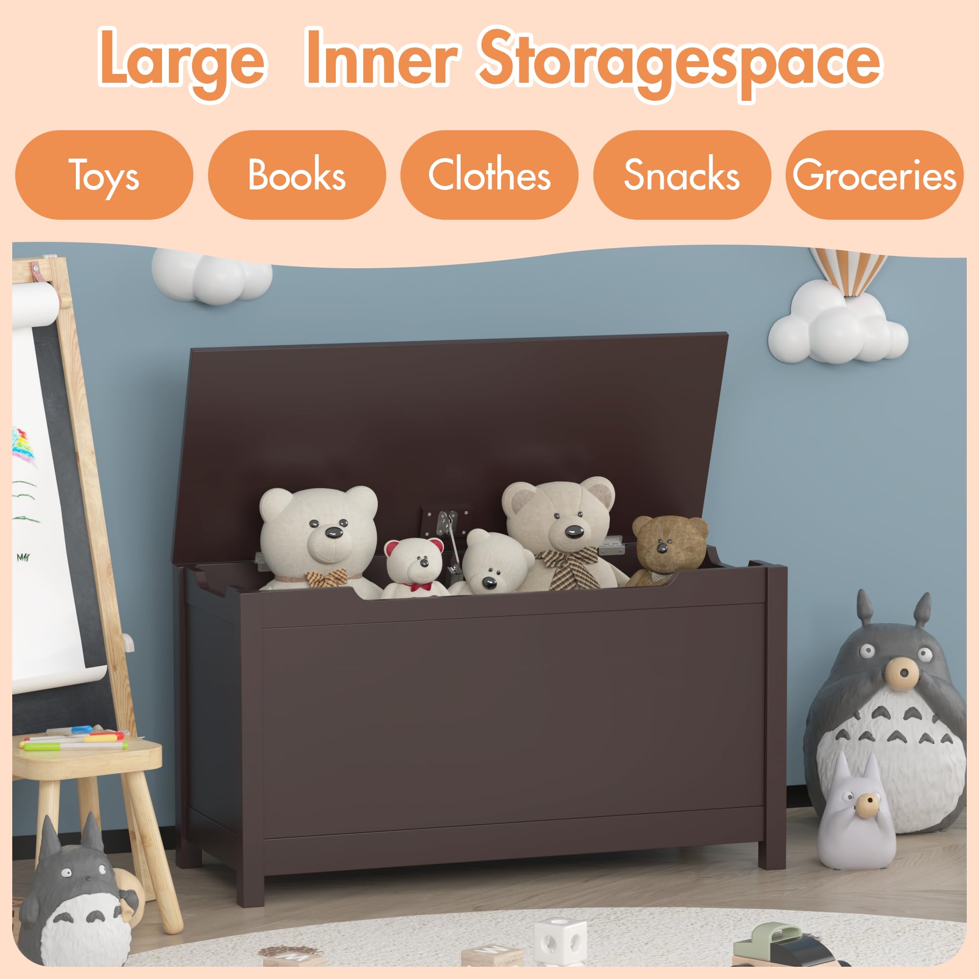 **Wooden Toy Chest for Kids - Safety Hinged Lid Toy Storage Organizer, Playroom Furniture Bench with Durable Dark Brown Finish - Perfect for Nursery, Bedroom & Playroom Organization**