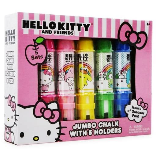 Inkology Hello Kitty and Friends Jumbo Sidewalk Chalk Set with 5 Holders - Colorful Outdoor Drawing for Kids, Sidewalk Art, Playground Fun & Birthday Party Activities