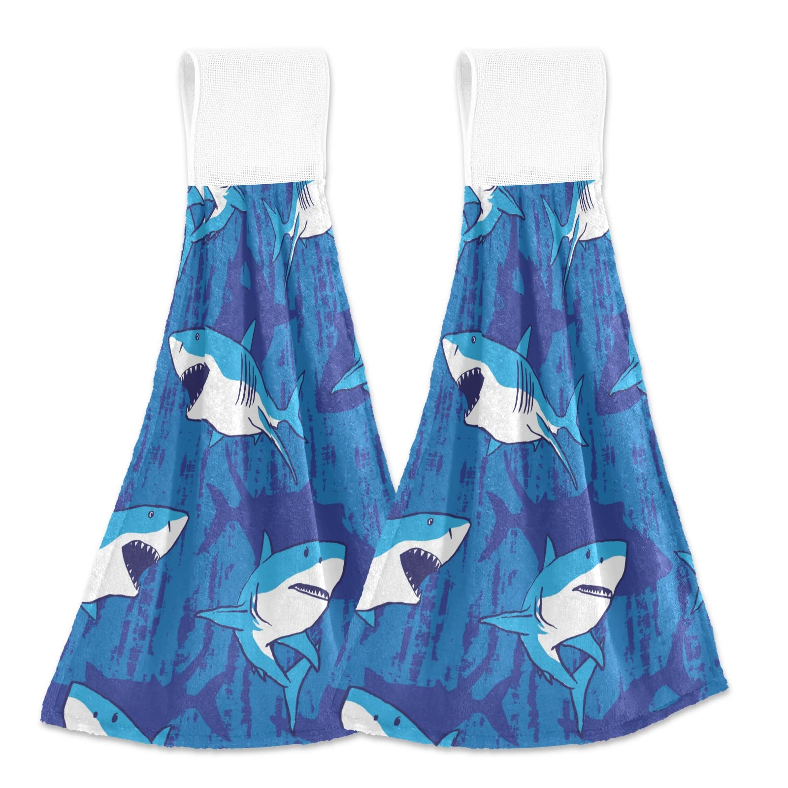 Kigai Shark Kitchen Hanging Towels Set of 2 - Super Absorbent Hand Tea Towels & Dishcloths for Kitchen, Bathroom - 12x17 Inch Home Decor - Perfect for Cooking, Cleaning & Holiday Gifts