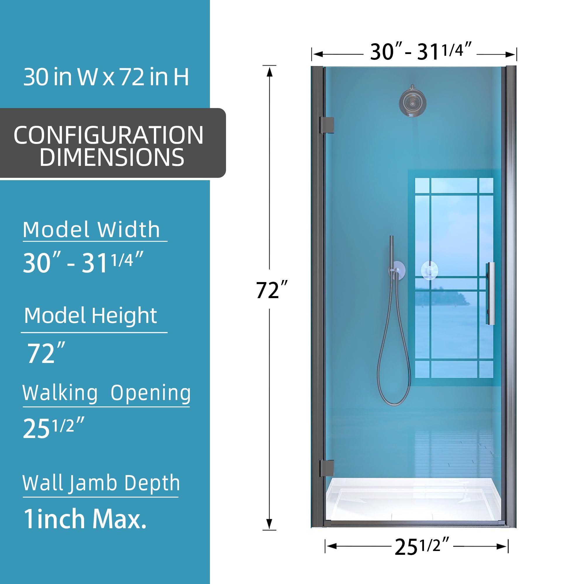 GETPRO Frameless Pivot Shower Door 30