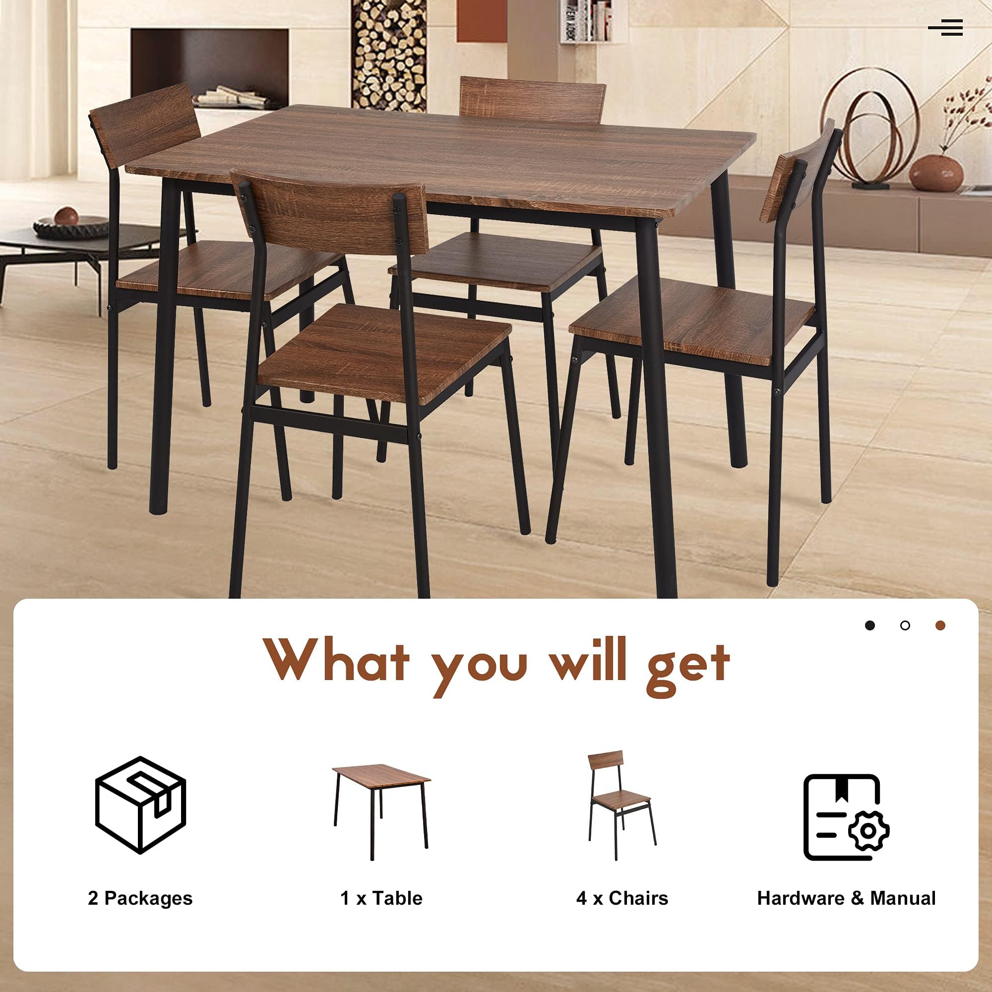 Farmhouse Industrial Style 4-Piece Dining Table Set with Wood & Metal Chairs - Perfect for Small Kitchens, Breakfast Nooks & Compact Living Spaces