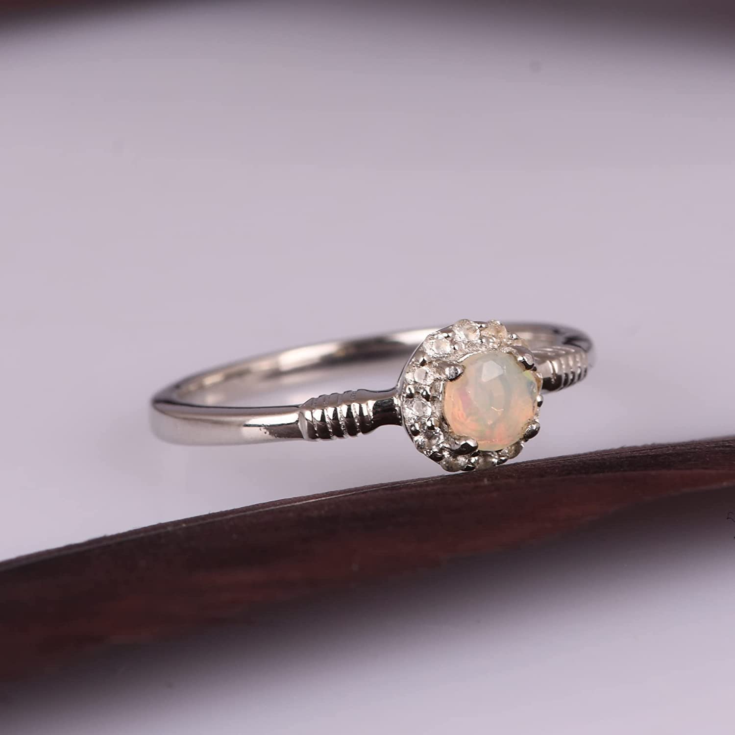 925 Sterling Silver Round Natural White Topaz & Ethiopian Opal Gemstone Ring for Women | Anniversary, Engagement, Wedding Gift | Elegant Bridal Jewelry for Christmas, Baby Shower & Special Occasions