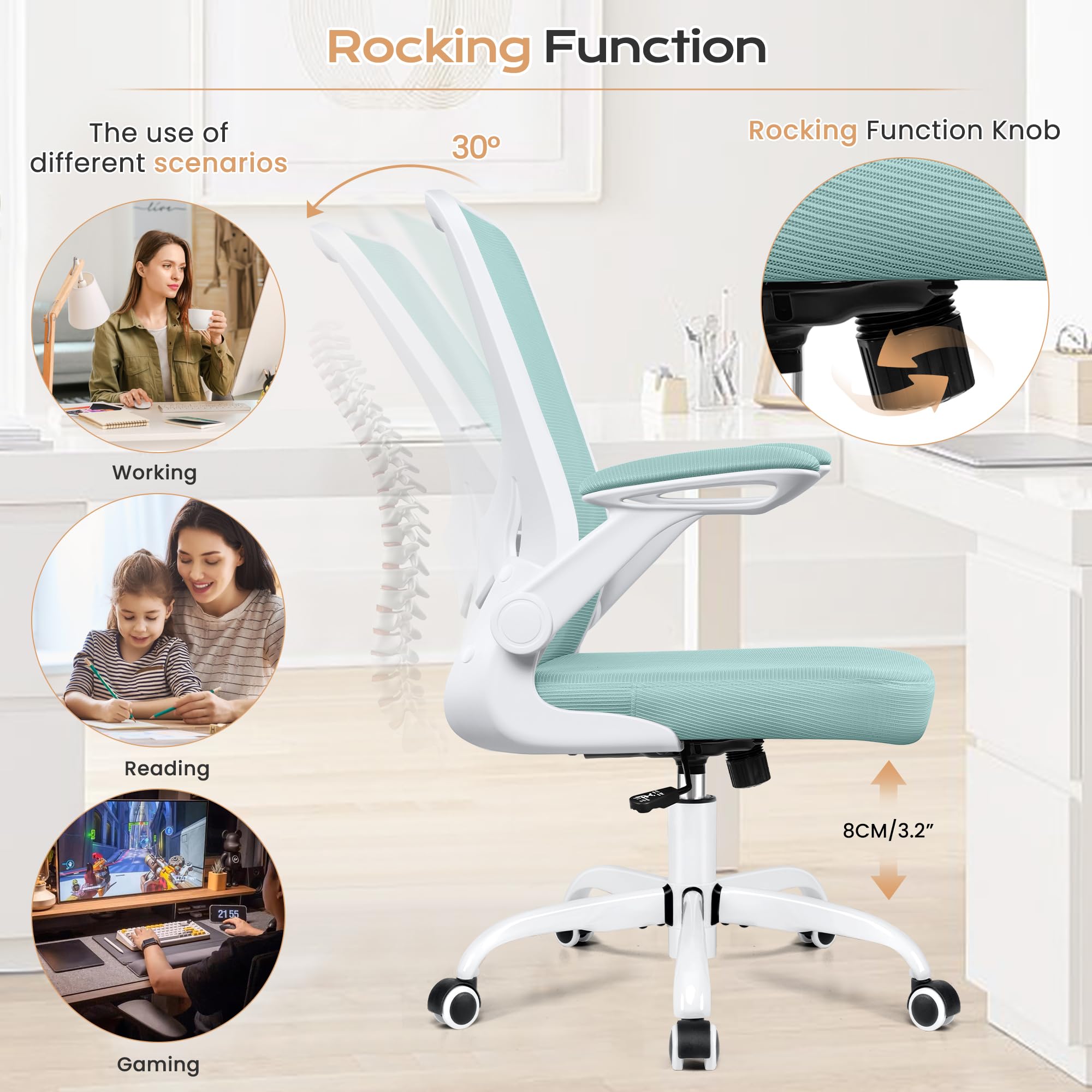 KERDOM Ergonomic Mesh Office Chair with Lumbar Support - Adjustable Height Swivel Chair with Flip-Up Arms for Home Office & Gaming - Light Blue | Perfect for Long Work Hours & PC Gaming Sessions